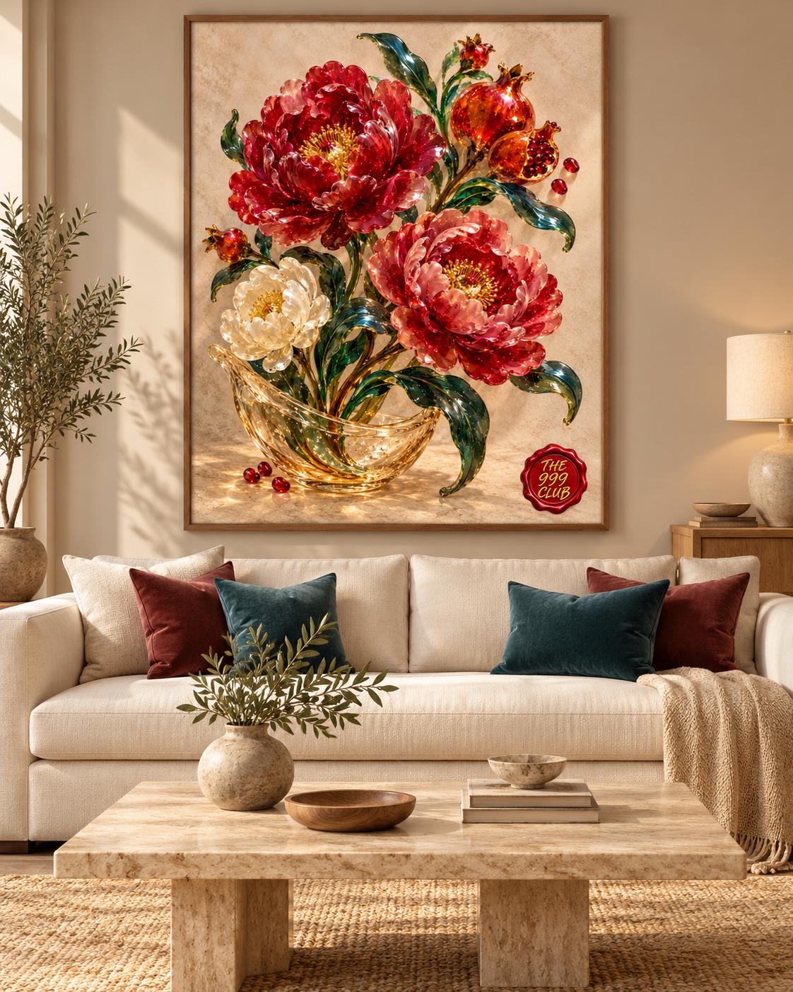 Peony Flowers and Pomegranate Fused Glass Art Poster, Colorful Floral Glass Panel, Vibrant Botanical Wall Art, Elegant Home Decor Print — THE 999 CLUB digital wall art