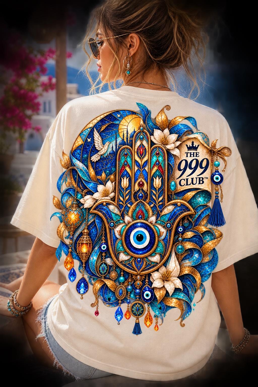 Turkish Hamsa Evil Eye T-Shirt, Blue Flower Motif, Birthday Gift Tee