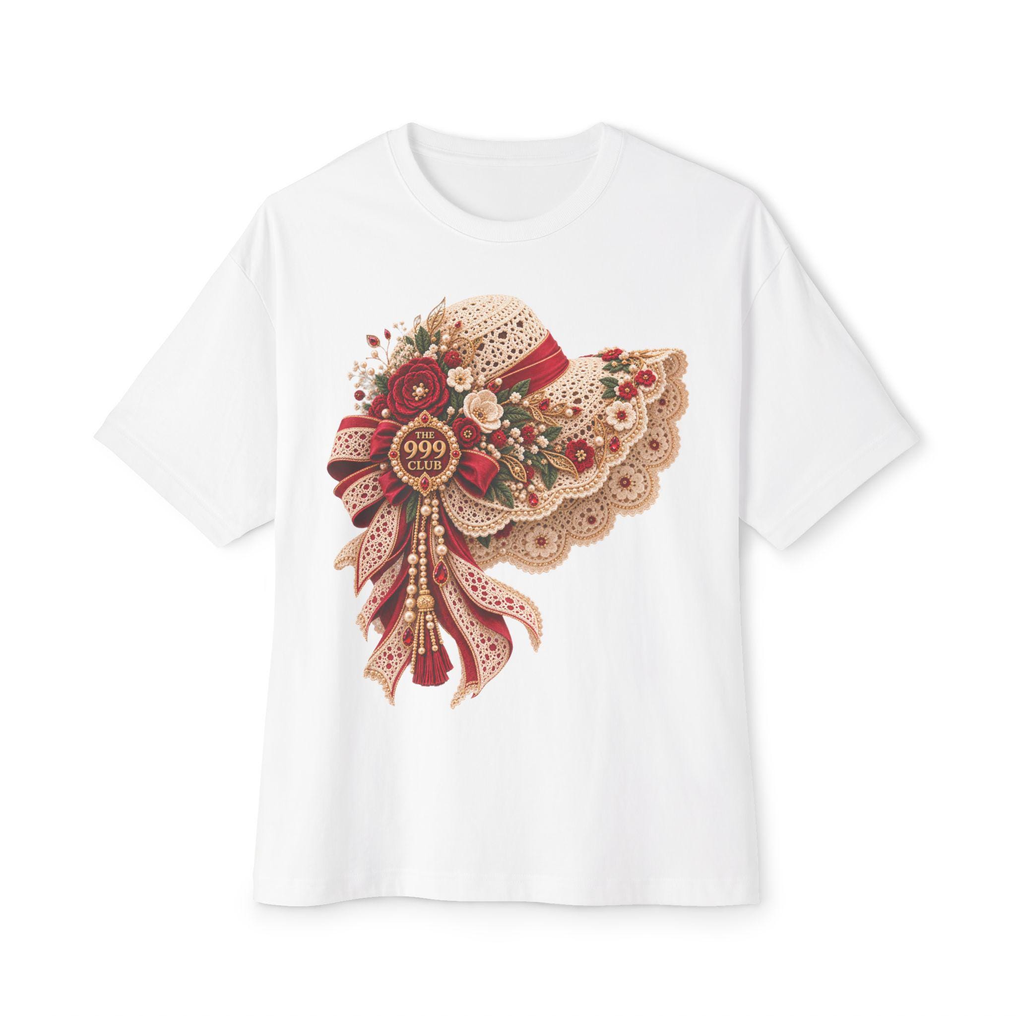 Victorian Crochet Bonnet Tee | Floral Ribbon Hat T-Shirt Lace Knitting — original bohemian art T-shirt design by THE 999 CLUB