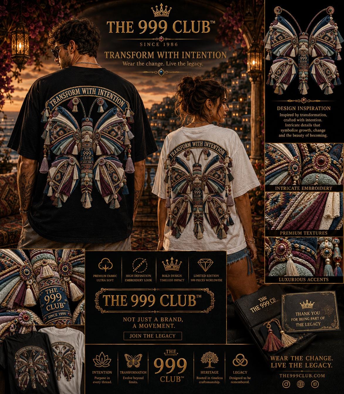 Mosaic Butterfly Embroidered Tee: Oversized Cotton, Tassel Accents