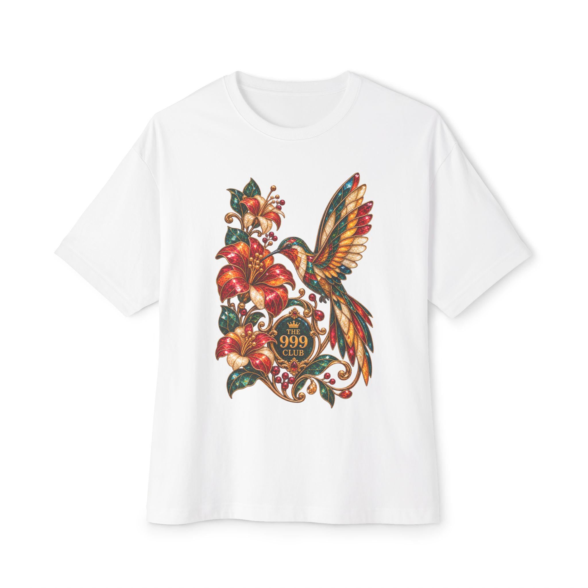 Hummingbird and Floral Heart Tee | Vintage Botanical Bird T-Shirt — original bohemian art T-shirt design by THE 999 CLUB