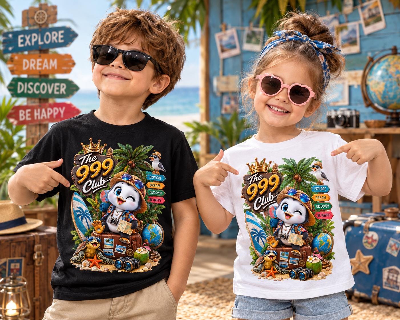 Animal Design, Penguin Surf Tee, Tropical Travel Art, Kids Summer Shirt