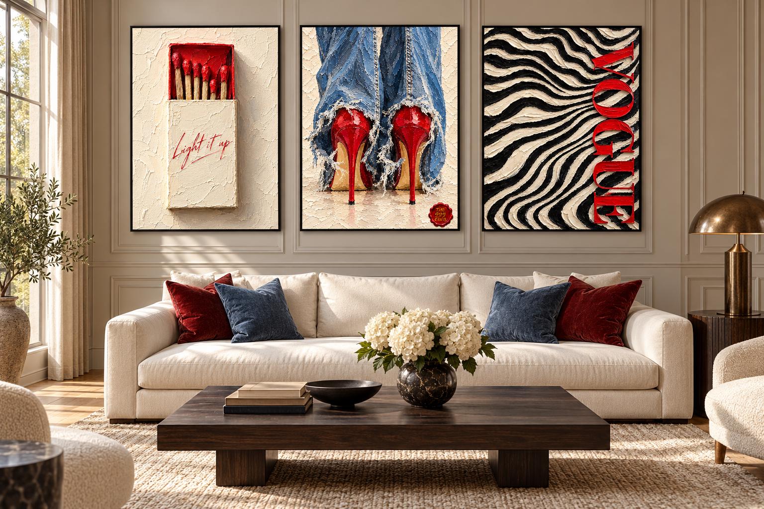 Red High Heels and Matchsticks Vogue Inspired Poster, Bold Fashion Oil Painting Wall Art, Chic Editorial Decor, Luxury Gallery — THE 999 CLUB digital wall art