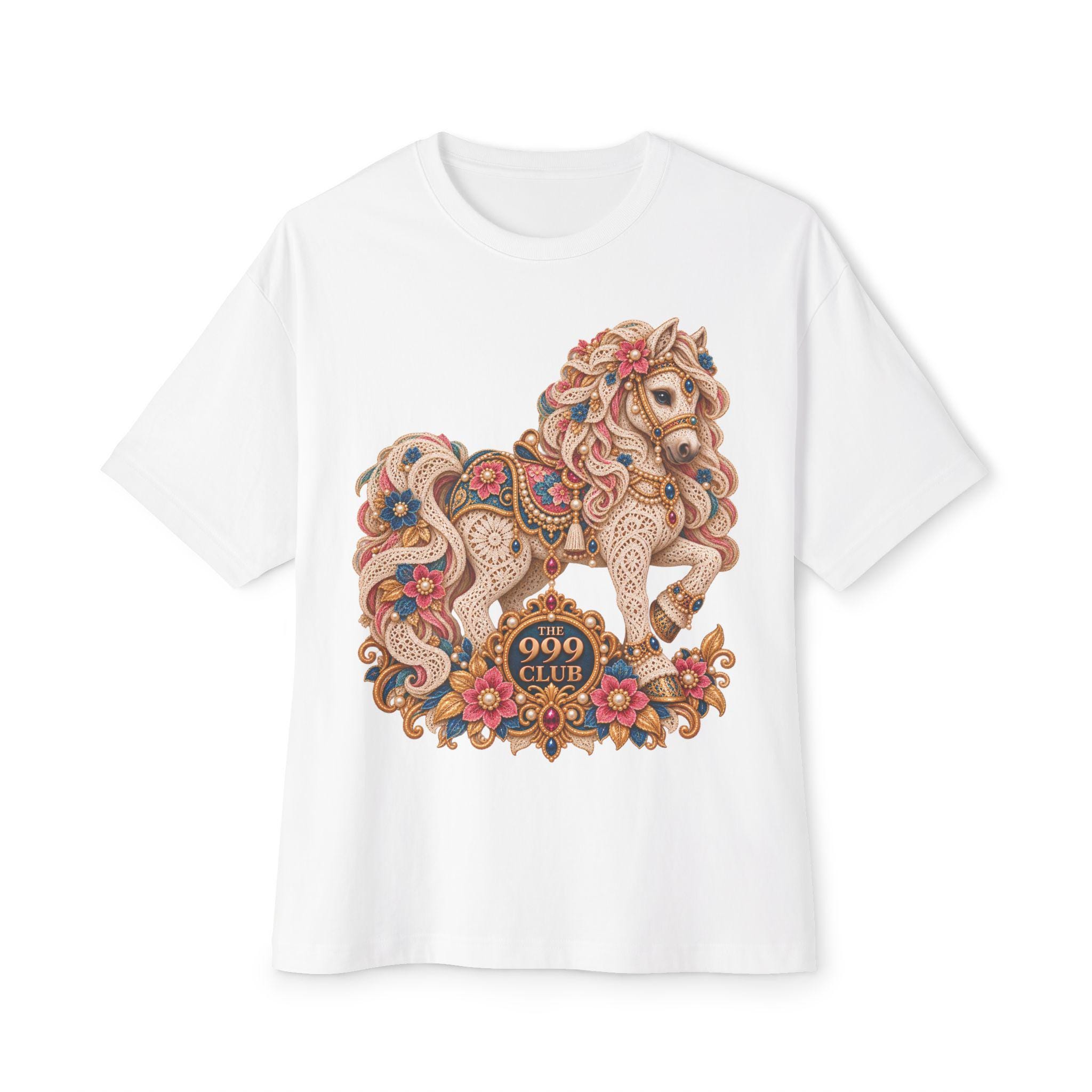 Floral Decorative Horse Tee | The 999 Club Graphic Shirt Lace Knitting — original bohemian art T-shirt design by THE 999 CLUB