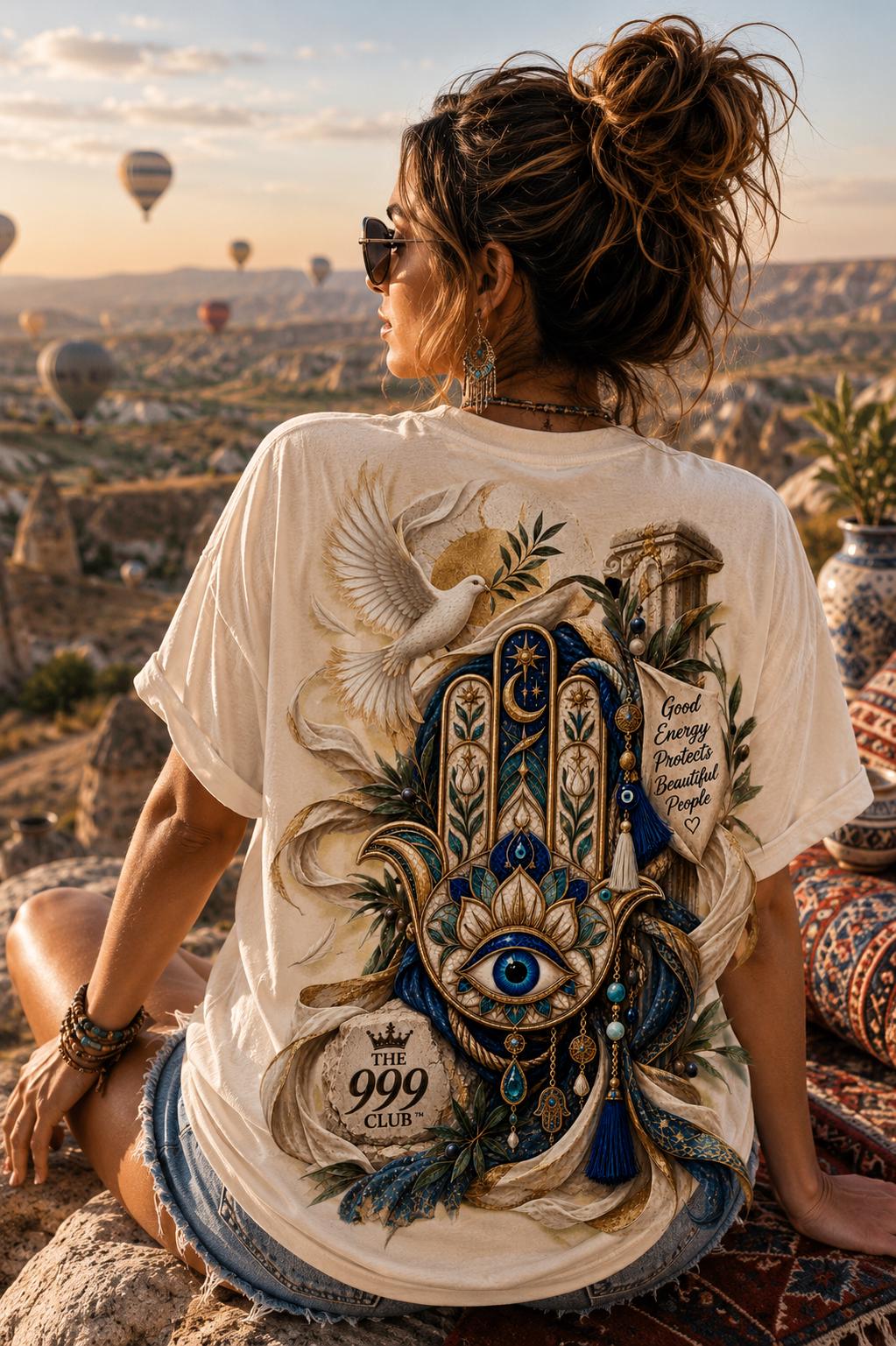 Floral Nazar Hamsa T-Shirt, Turkish Good Fortune Artwork, Unisex Cotton Tee