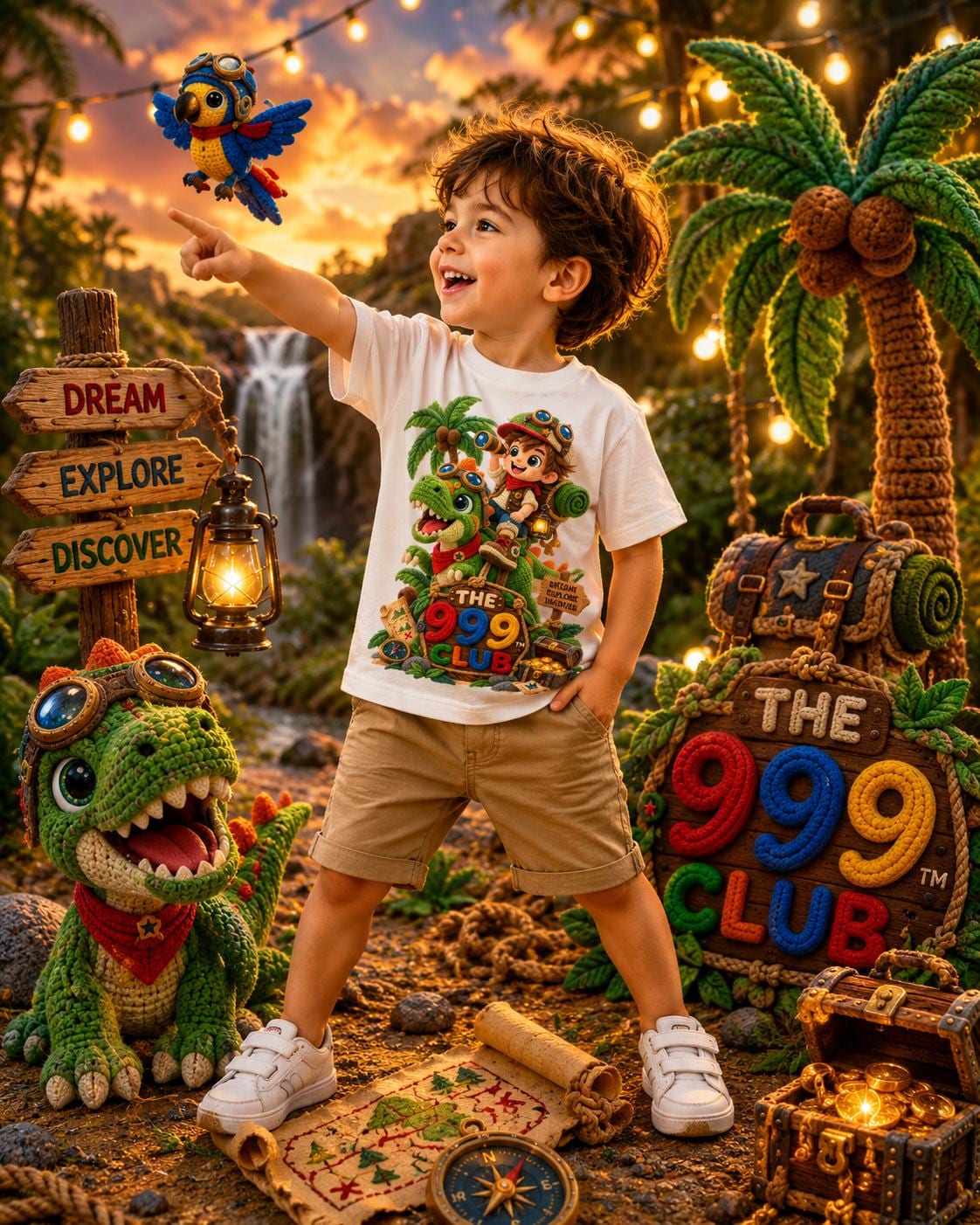 Boho Kids Adventure Tee, Dinosaur & Parrot Art, Toddler Cotton Shirt