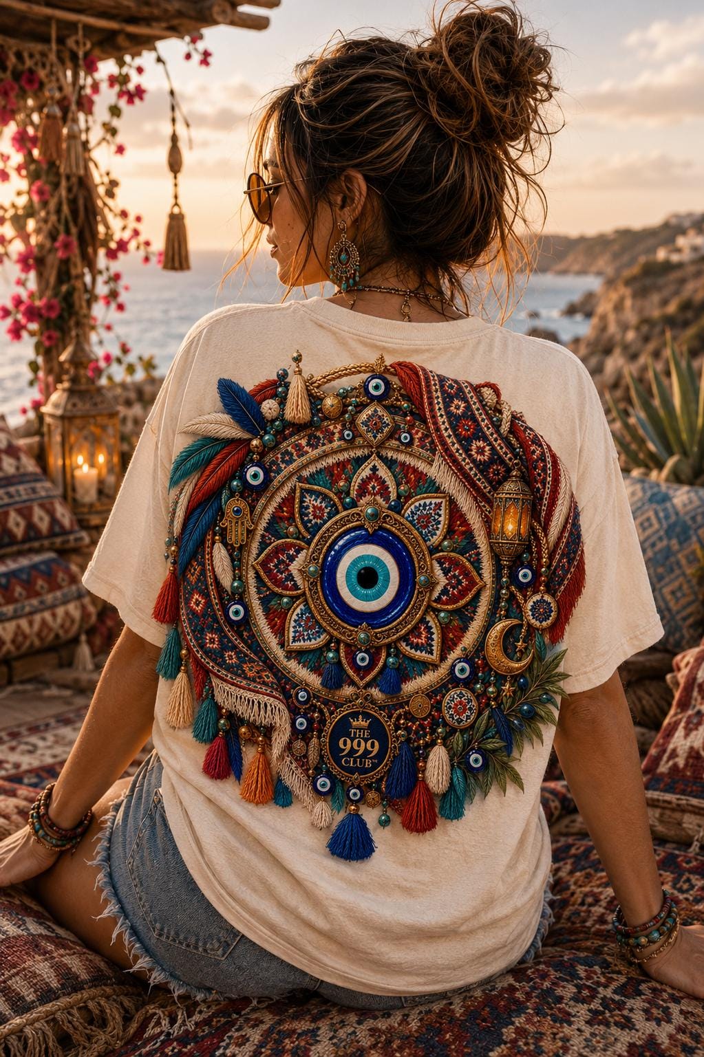 Fatima Hand Nazar Graphic T-Shirt, Colorful Floral Motif, Flower Cotton Tee
