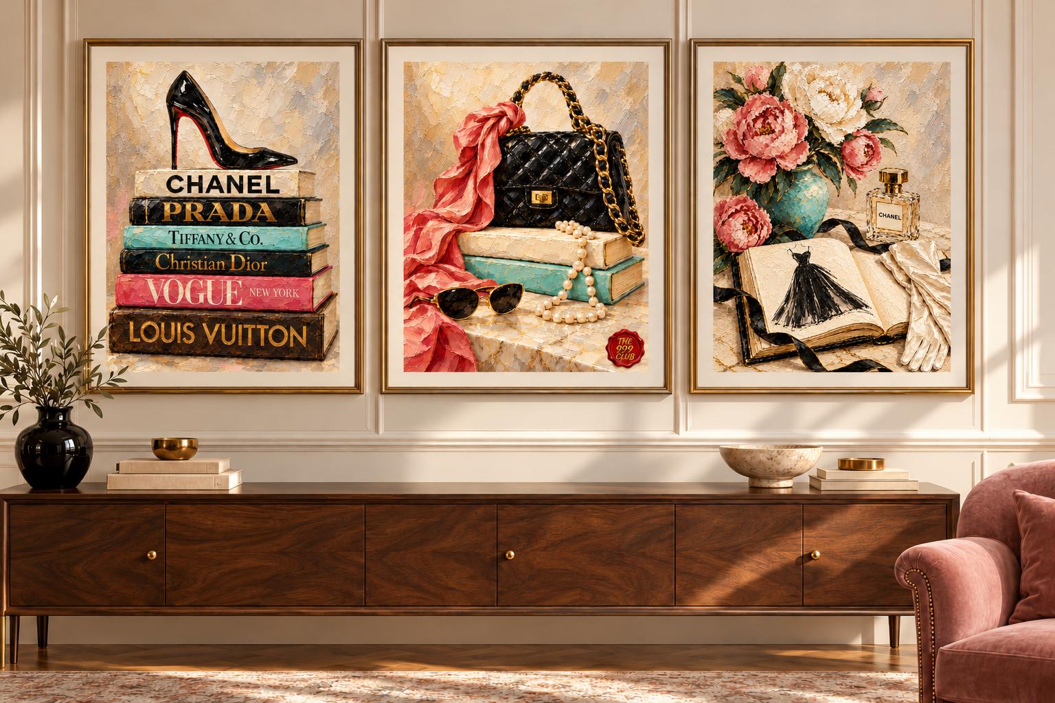 Black Stiletto Heels, Handbag, Silk Scarf, Book and Flowers Poster, Elegant Fashion Still Life Oil Painting Wall Art, Chic Bedroom Wall — THE 999 CLUB digital wall art