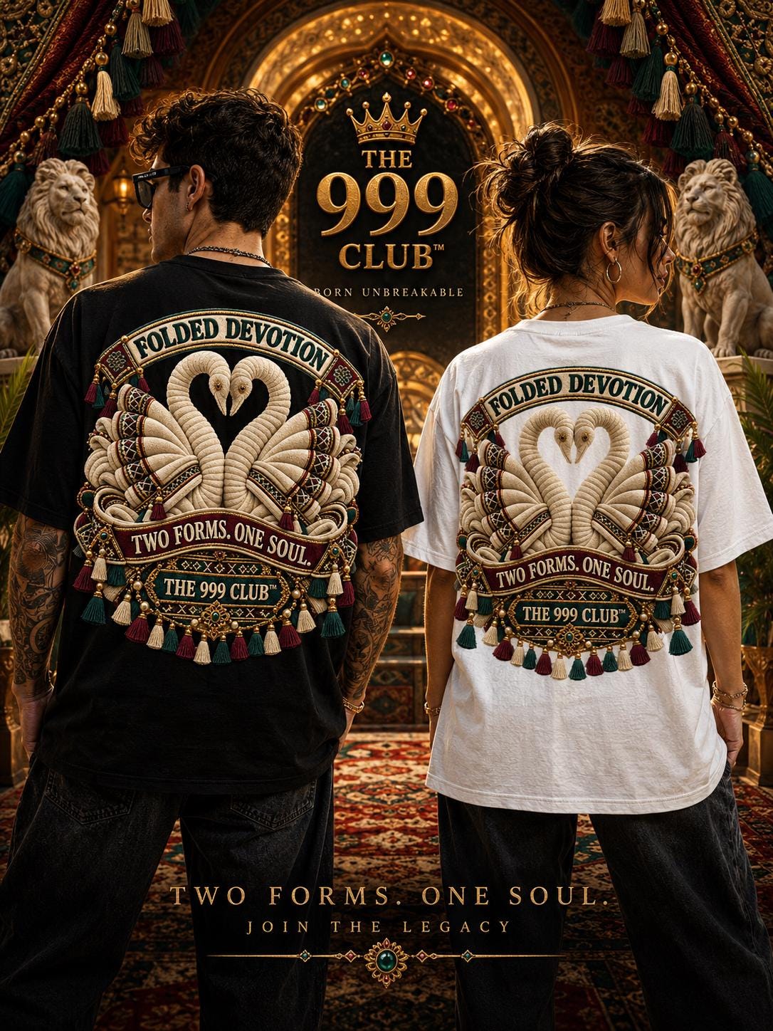 Custom Design Oversized Cotton Tee: Folded Devotion Swans, The 999 Club (Unisex)