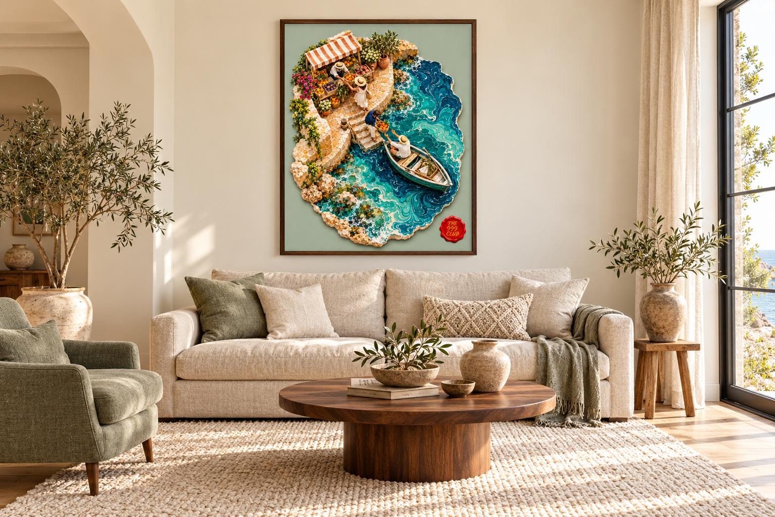 Coastal Beach Market Wall Art Poster, Sailboat Sandy Shore and Ocean Cove, Seaside Landscape Art Print, Mediterranean Beach House Home Decor — THE 999 CLUB digital wall art