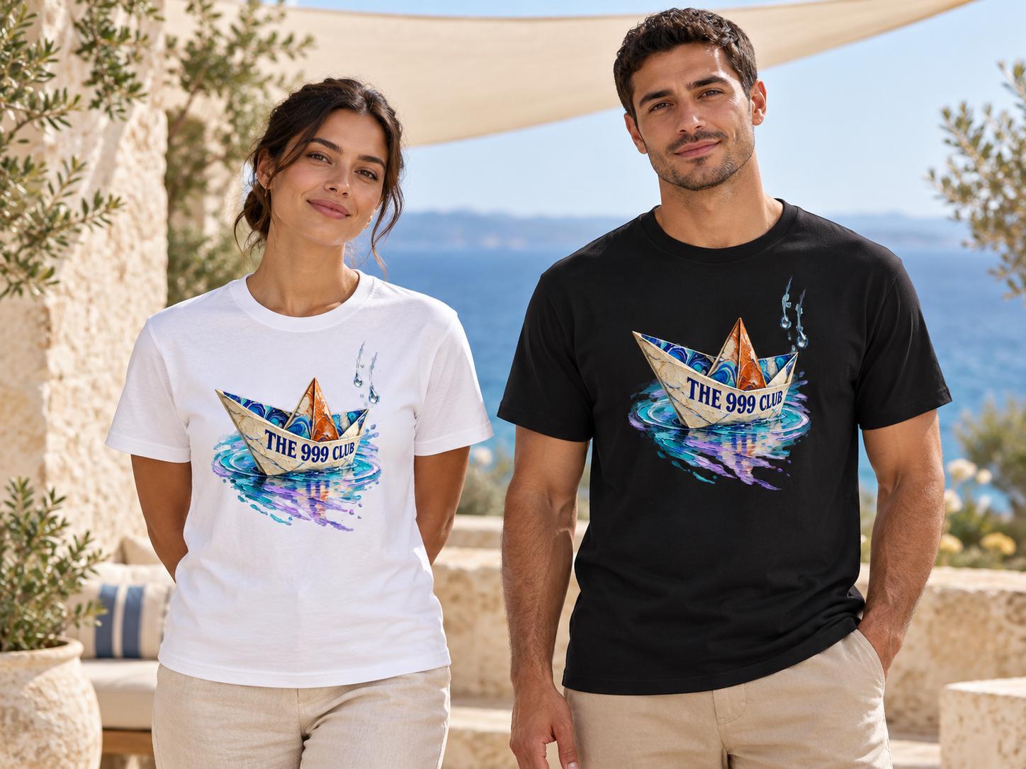 Origami Paper Boat T-Shirt, Ebru Marbling Inspired Print, Flowing Color Waves, Nautical Wearable Art, Imaginative Gift for Art Lovers — THE 999 CLUB wearable art