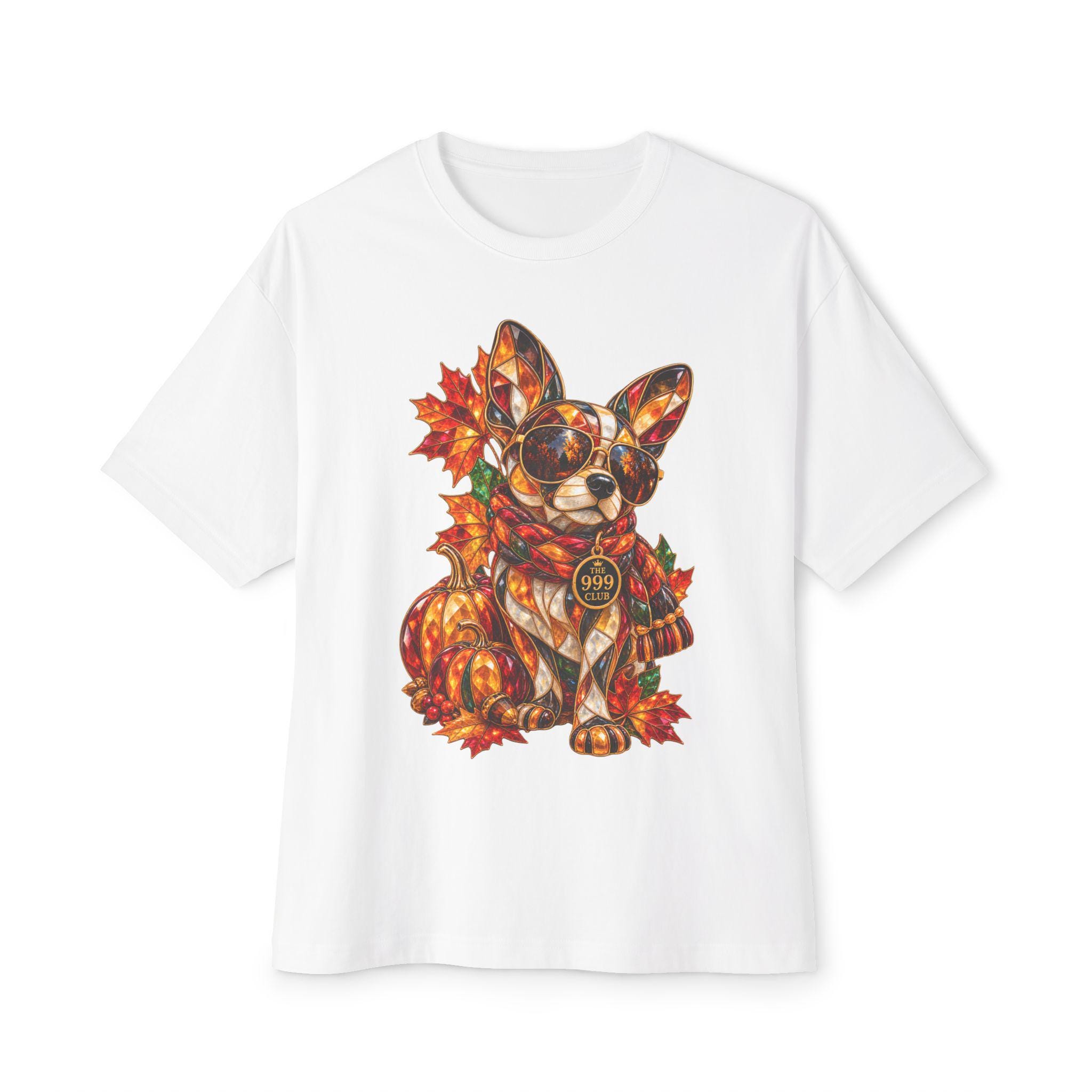 Autumn Corgi with Pumpkins Tee | Fall Leaves Dog Shirt — original holiday T-shirt design by THE 999 CLUB