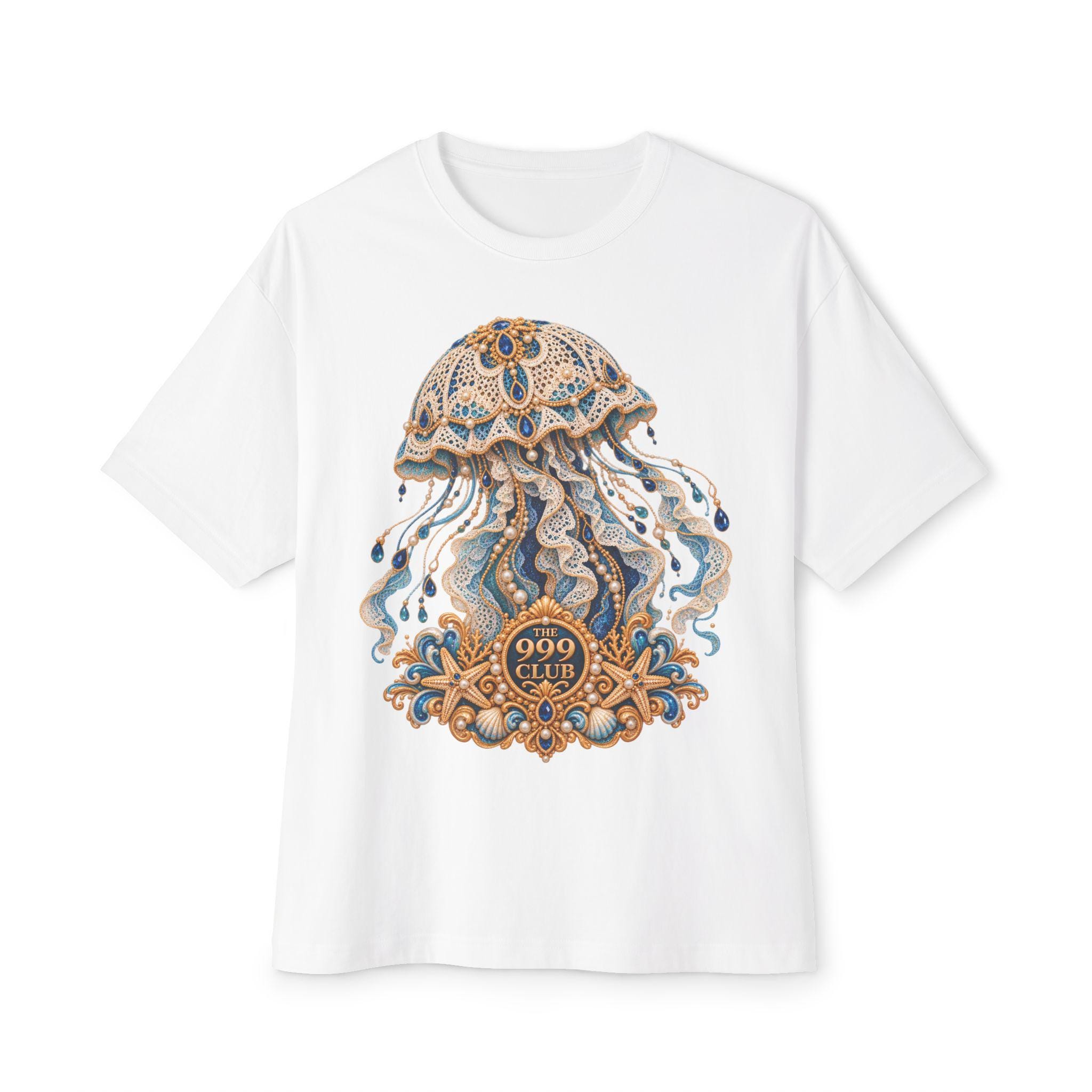 Ornate Jellyfish Illustration T-Shirt | Decorative Nautical Art Lace Knitting — original bohemian art T-shirt design by THE 999 CLUB