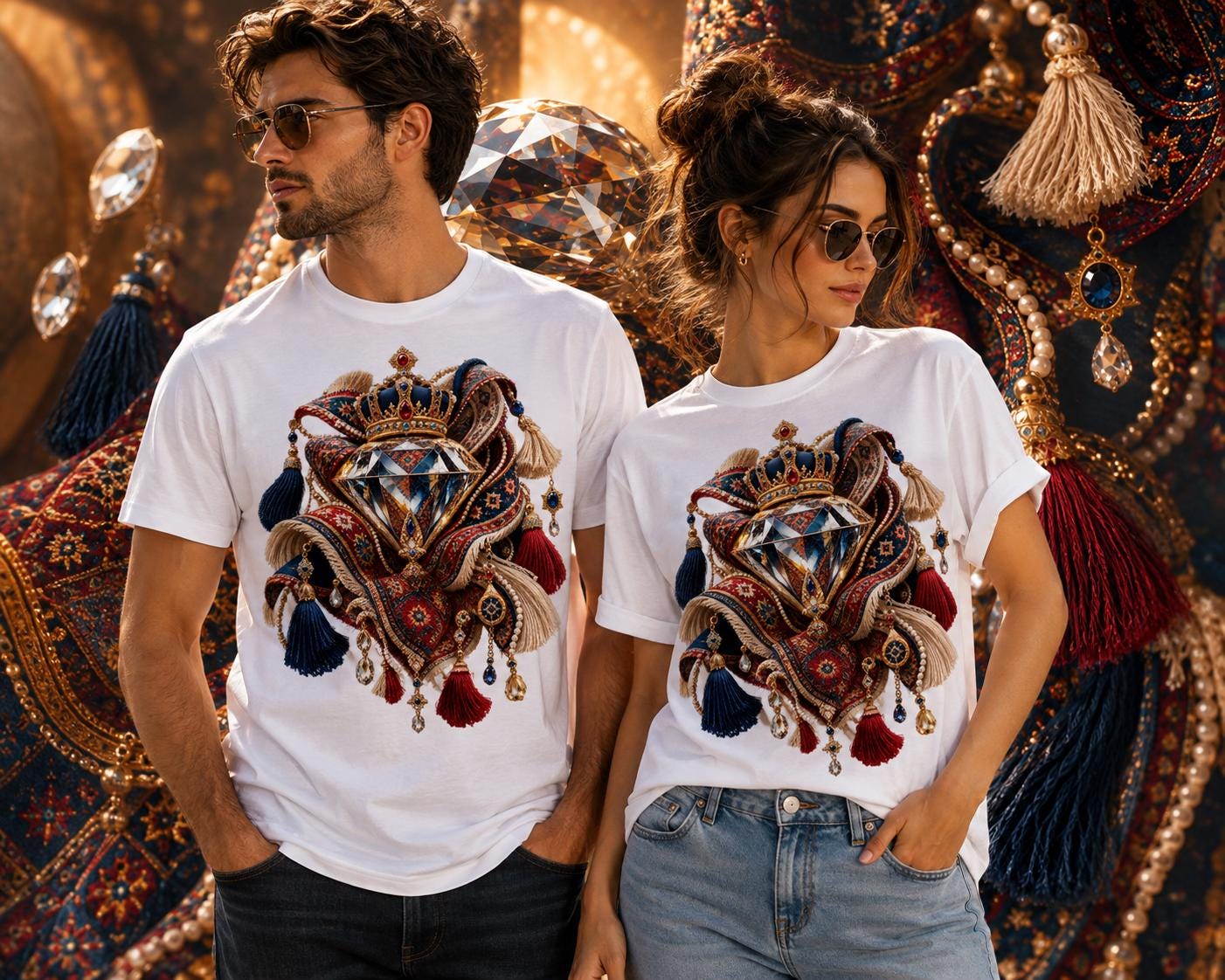 Avant Garde T-Shirt, Ornate Tassel Crown Graphic Tee, Diamond Cotton Shirt, Carpet Design Top, Birthday Gift