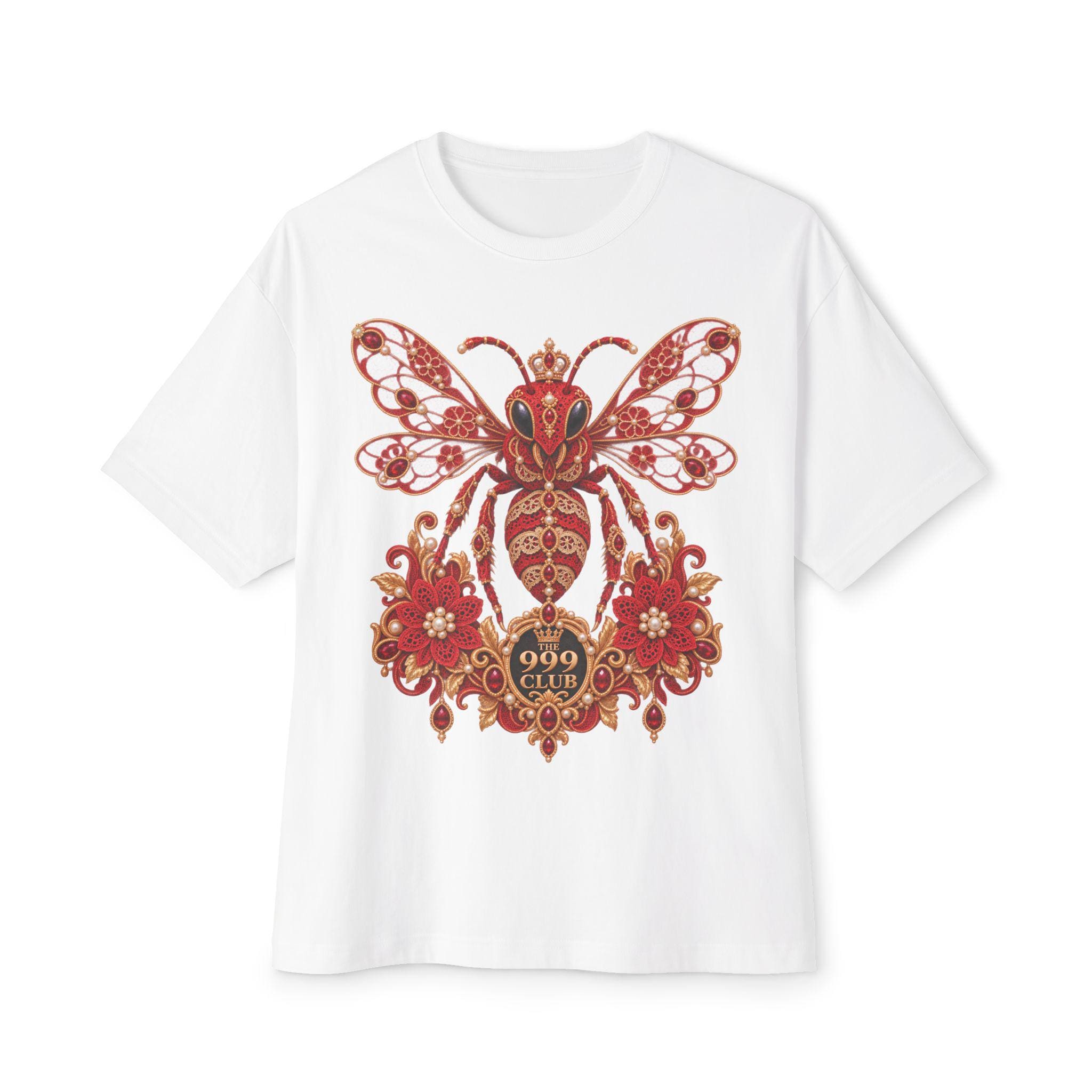 Ornate Red Floral Bee Tee | Decorative Insect Shirt Lace Knitting — original bohemian art T-shirt design by THE 999 CLUB