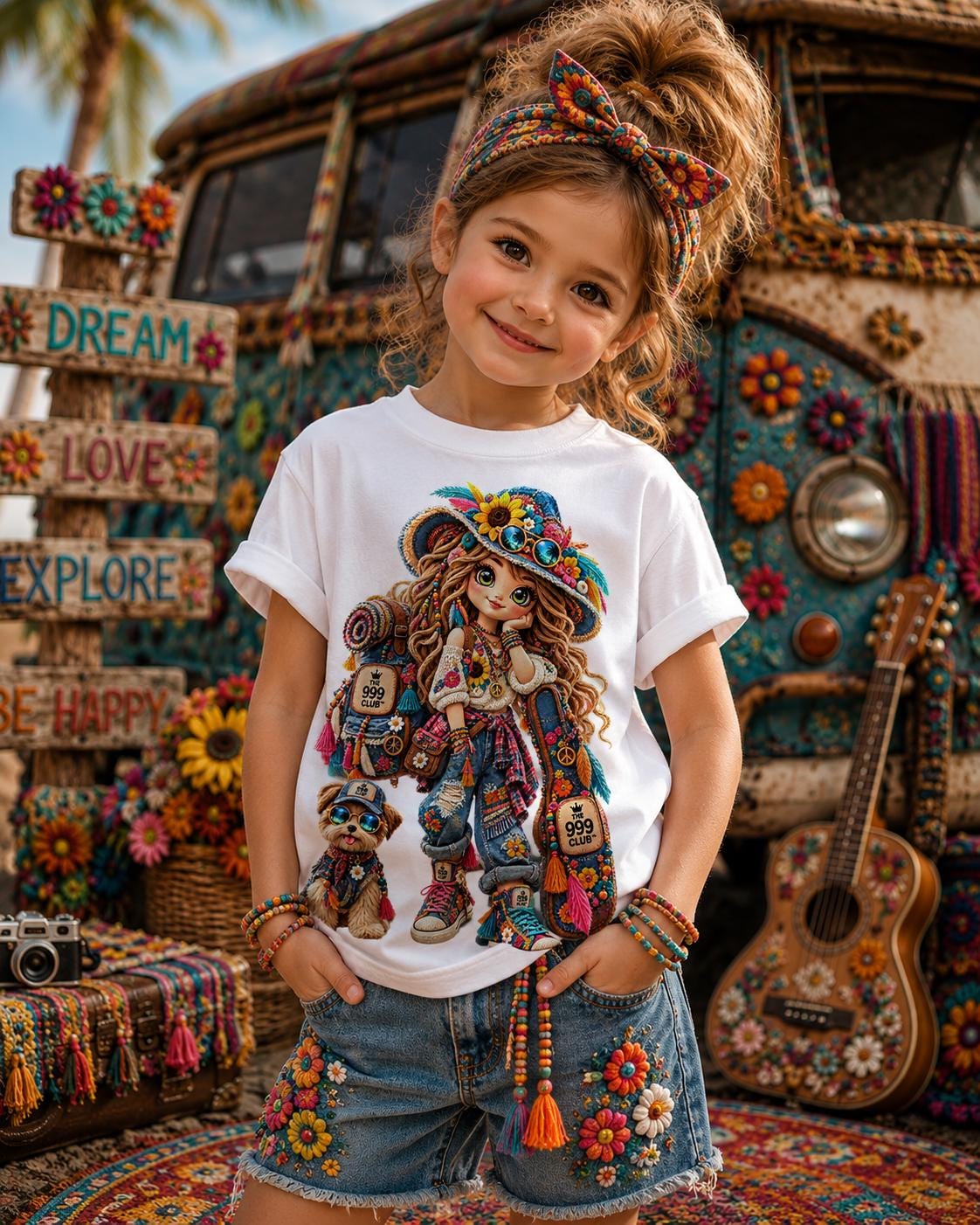 Boho Toddler Graphic Tee, Flower-Crowned Child, Puppy Adventure Shirt (100% Cotton)