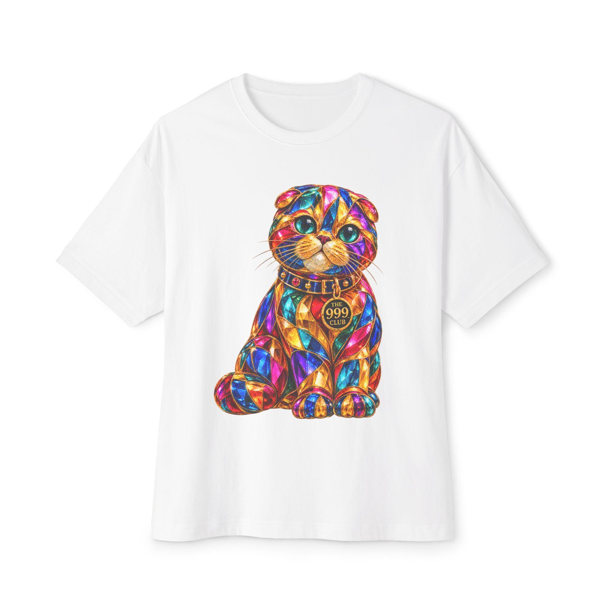 Scottish Fold Colorful Stained Glass Lucky Cat T-Shirt | Neon Maneki Neko Tee — original animal art T-shirt design by THE 999 CLUB