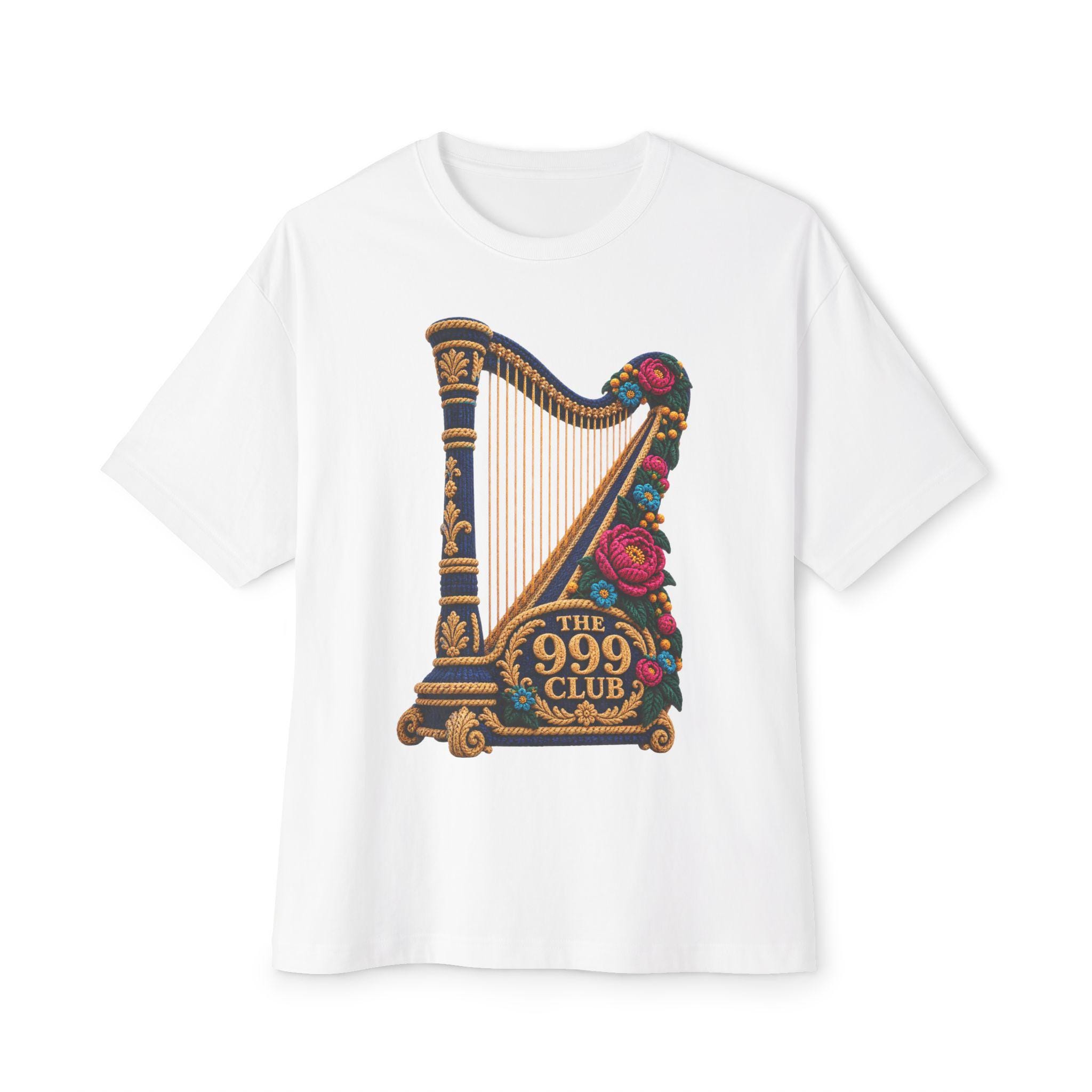 Golden Floral Harp The 999 Club Tee | Wool Knit Graphic T-Shirt — original porcelain luxe T-shirt design by THE 999 CLUB