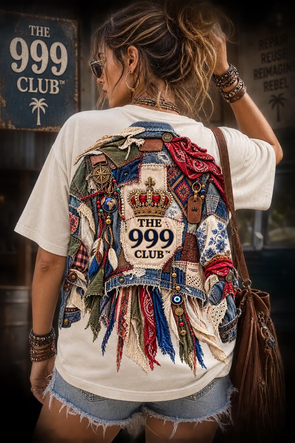 Old Fashion Patchwork T-Shirt, Boho Back Print, Unisex Artistic Tee