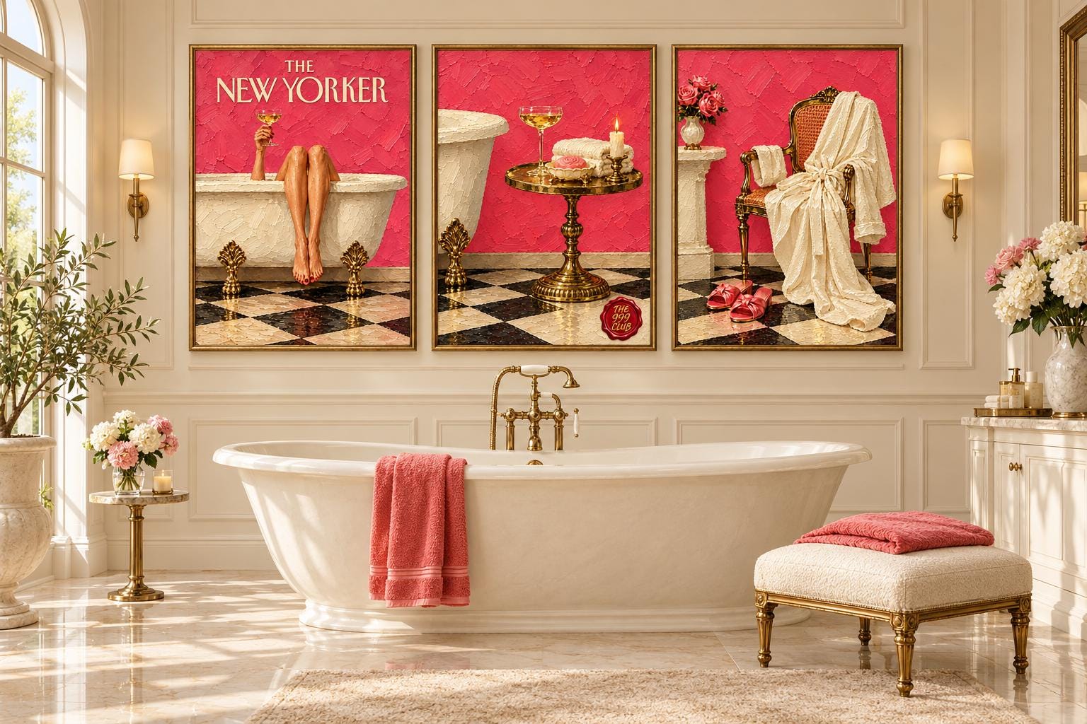 New Yorker Woman in Bathtub with Champagne Poster, Chic Bathroom Wall Art, Playful Home Decor, Housewarming Gift for Friends, Modern Art — THE 999 CLUB digital wall art
