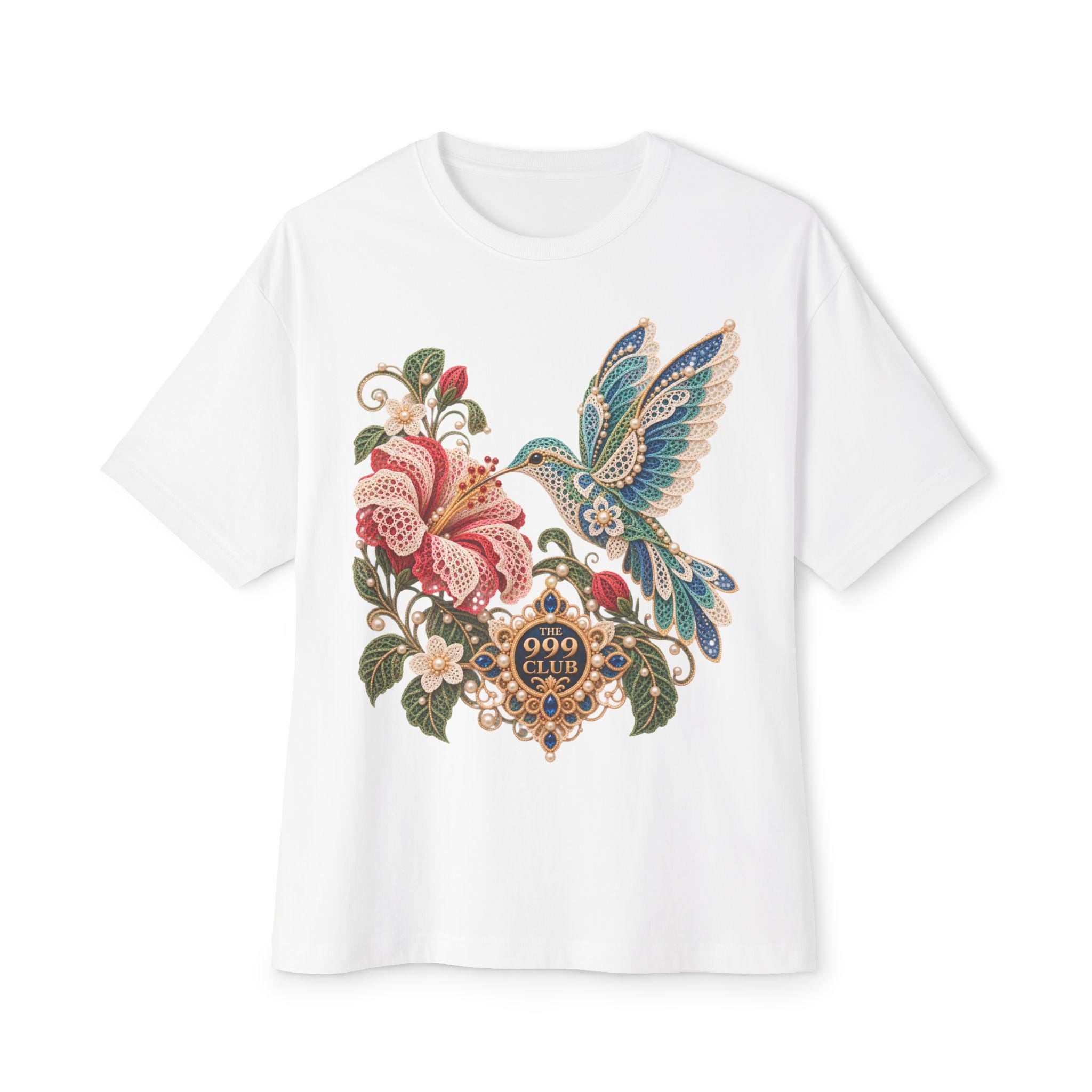 Vintage Floral Hummingbird Tee | Ornamental Flower Illustration Lace Knitting — original bohemian art T-shirt design by THE 999 CLUB