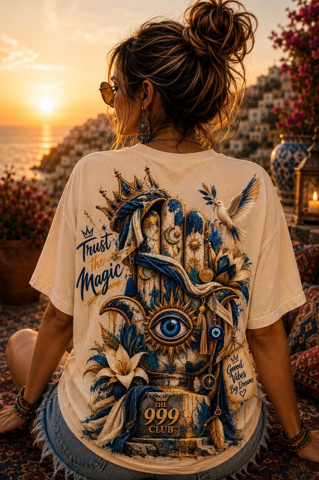 Boho Evil Eye T-Shirt, Hamsa Hand Rug Artwork, Personalized Unisex Back Print Tee, Ceramic Pattern Shirt
