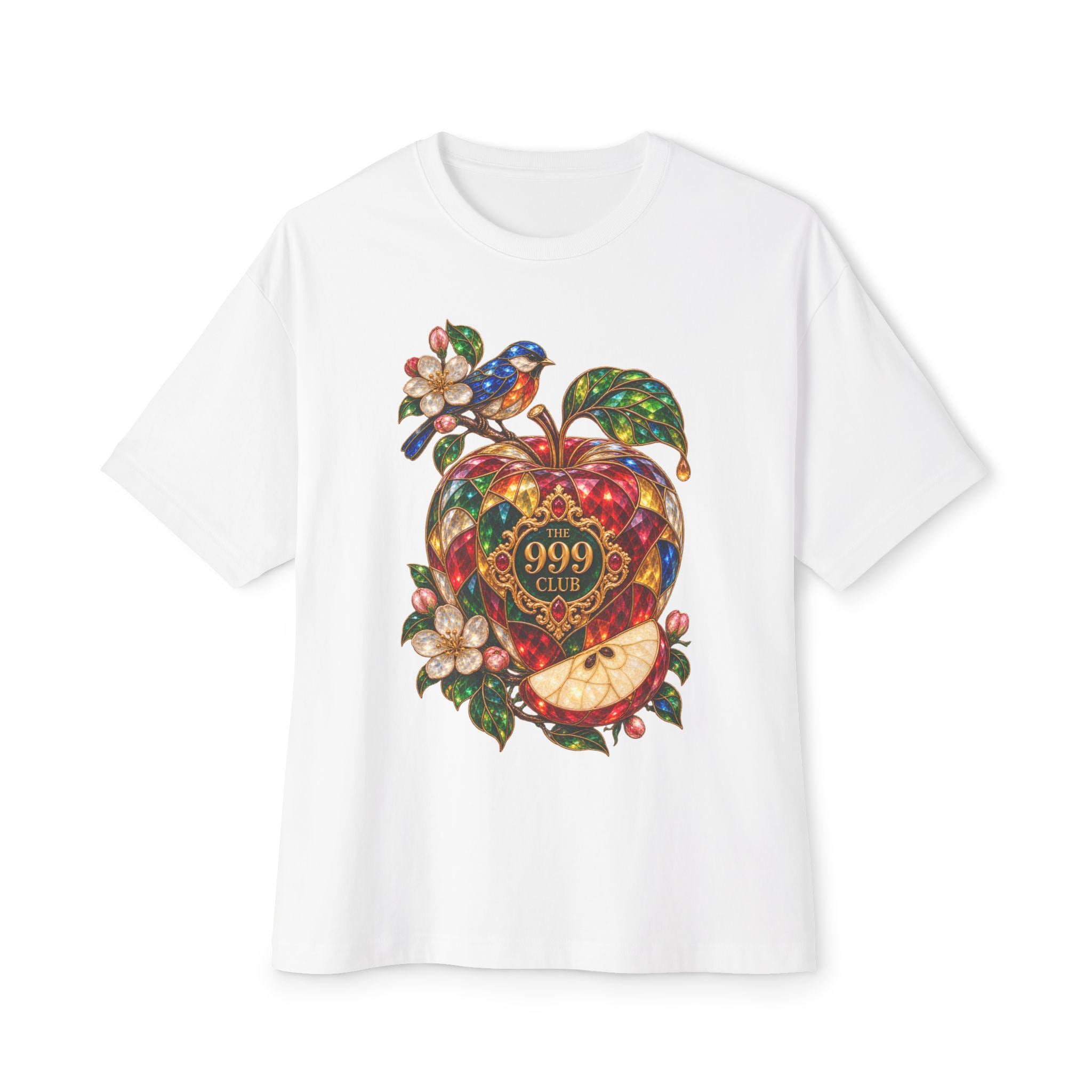 Heart Apple with Bluebird T-Shirt | Ornate Fruit Illustration — original animal art T-shirt design by THE 999 CLUB