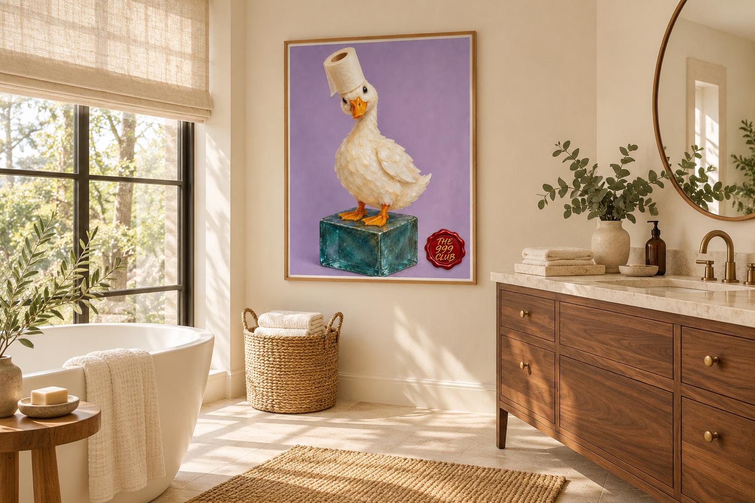 White Goose Duck Wall Art Poster, Funny  Napkin Animal Artwork, Whimsical Bathroom Decor, Cute Farmhouse Print, Rustic Home Gift — THE 999 CLUB digital wall art