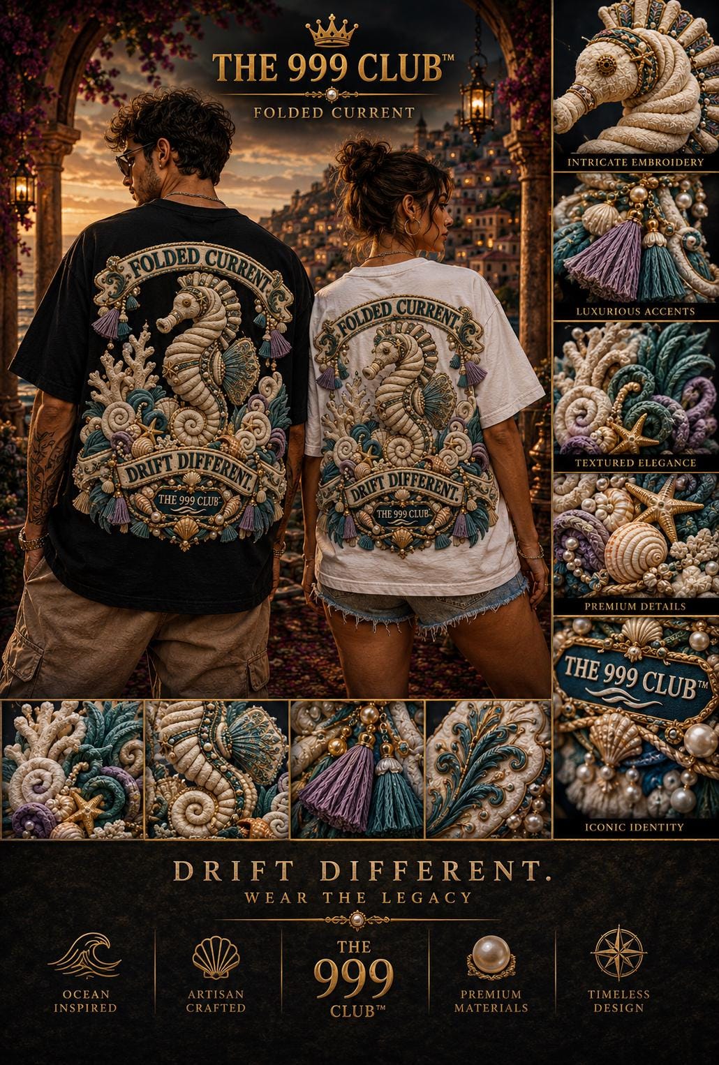 Embroidered Sea Horse T-Shirt: Boho Artisan Clothing, Ocean Inspired Wearable Art