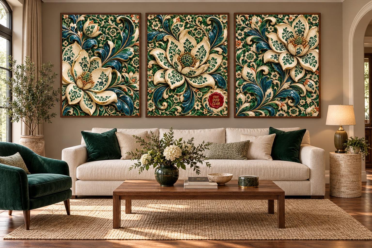 Floral Wall Art: 3-Panel Green Blue Cream Canvas Prints — THE 999 CLUB digital wall art