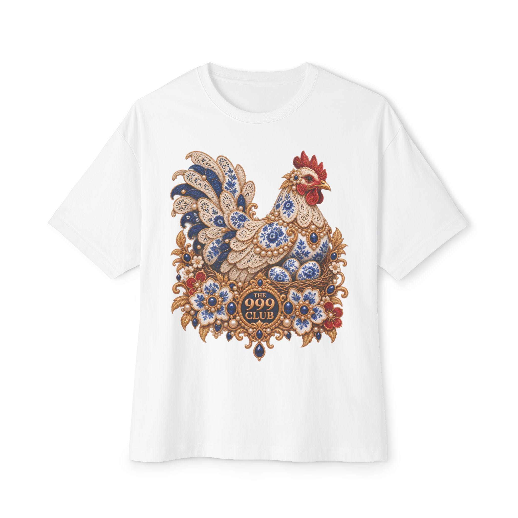 Decorative Folk Art Rooster T-Shirt | Floral Hen Illustration Lace Knitting — original bohemian art T-shirt design by THE 999 CLUB