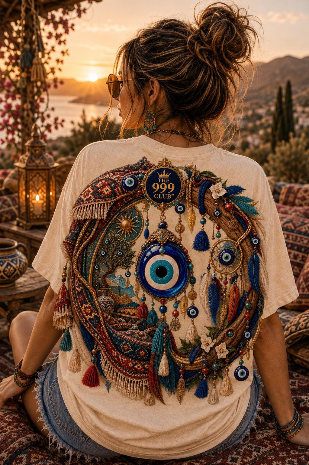 Boho Hand of Fatima T-Shirt, Nazar Floral Artwork, Unisex Black Tee (Oversized)