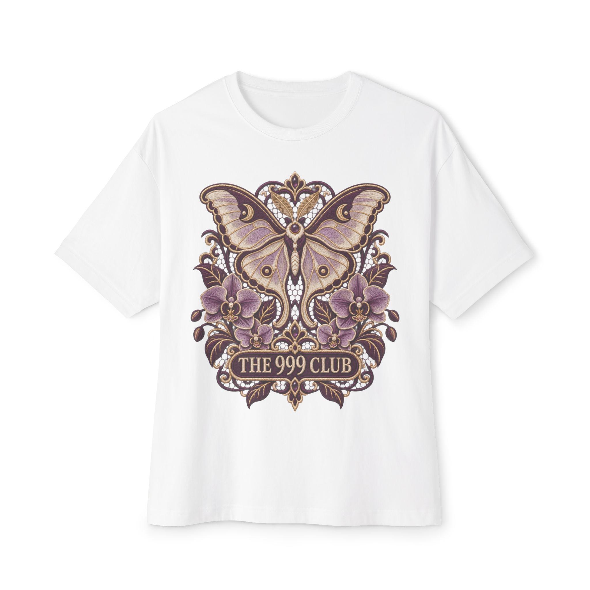 Moth Emblem Lace Knitting The 999 Club Tee | Vintage Floral Graphic — original bohemian art T-shirt design by THE 999 CLUB