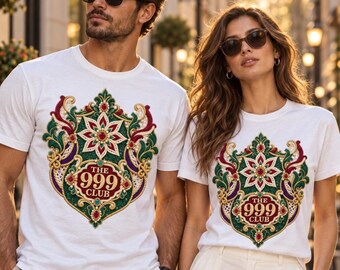 Wearable Art The 999 Club ornate crest T-Shirt | Vintage floral emblem tee