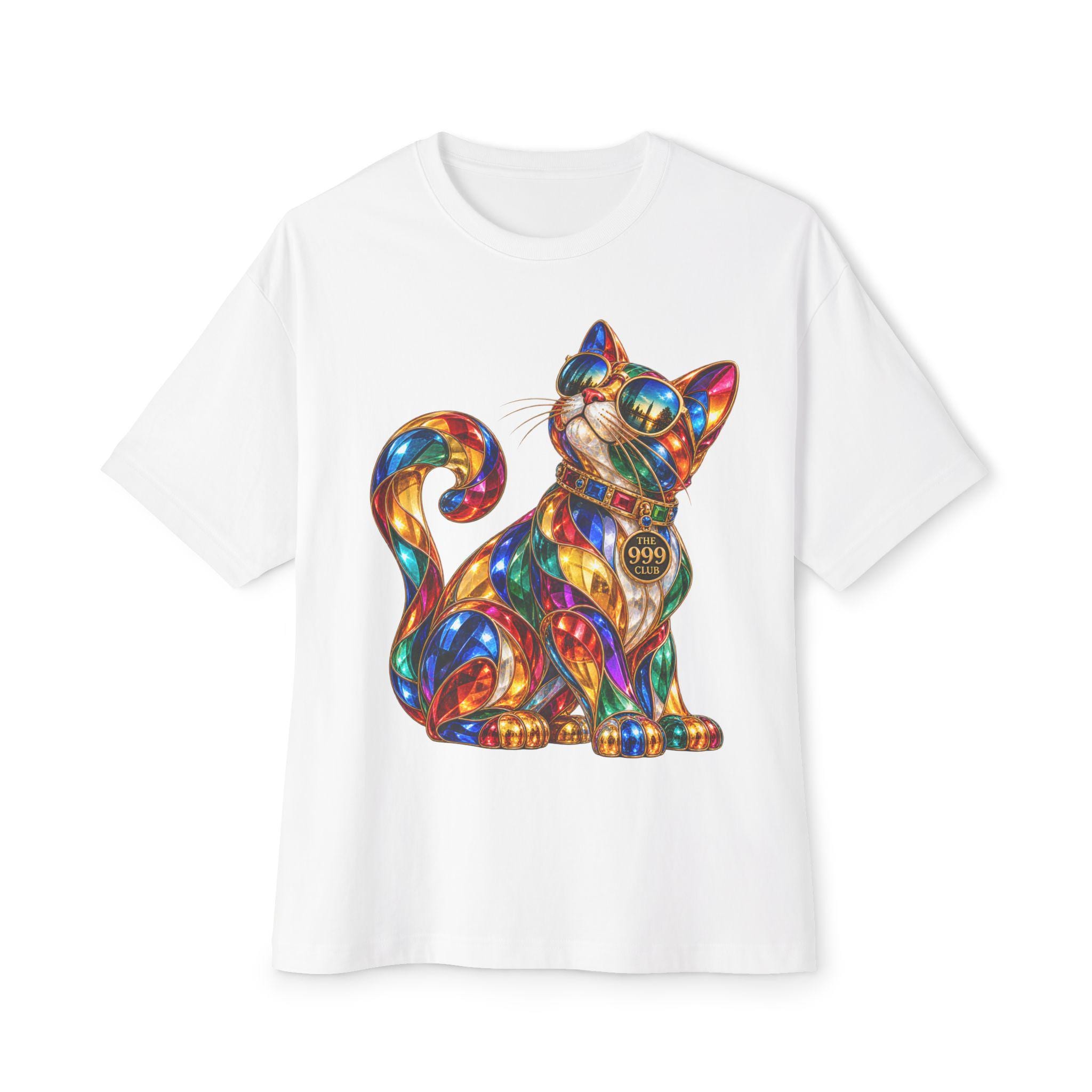 Colorful Stained Glass Cat Tee | Vibrant Cat Illustration T-Shirt — original animal art T-shirt design by THE 999 CLUB