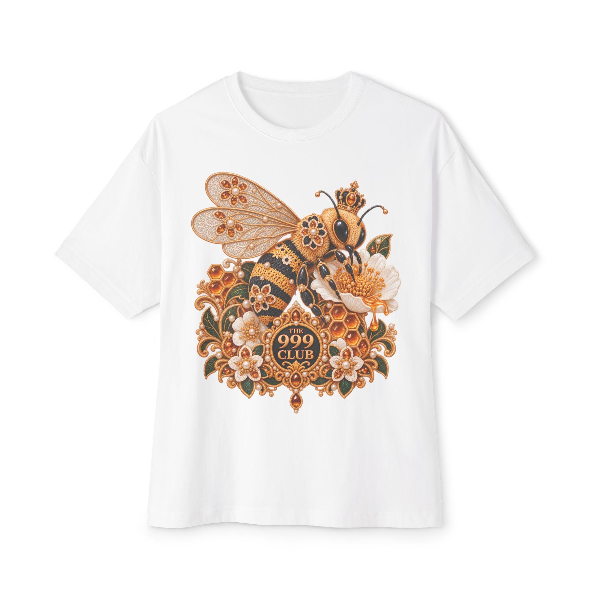 Golden Bee Floral Illustration T-Shirt | 999 Club Lace Knitting — original porcelain luxe T-shirt design by THE 999 CLUB