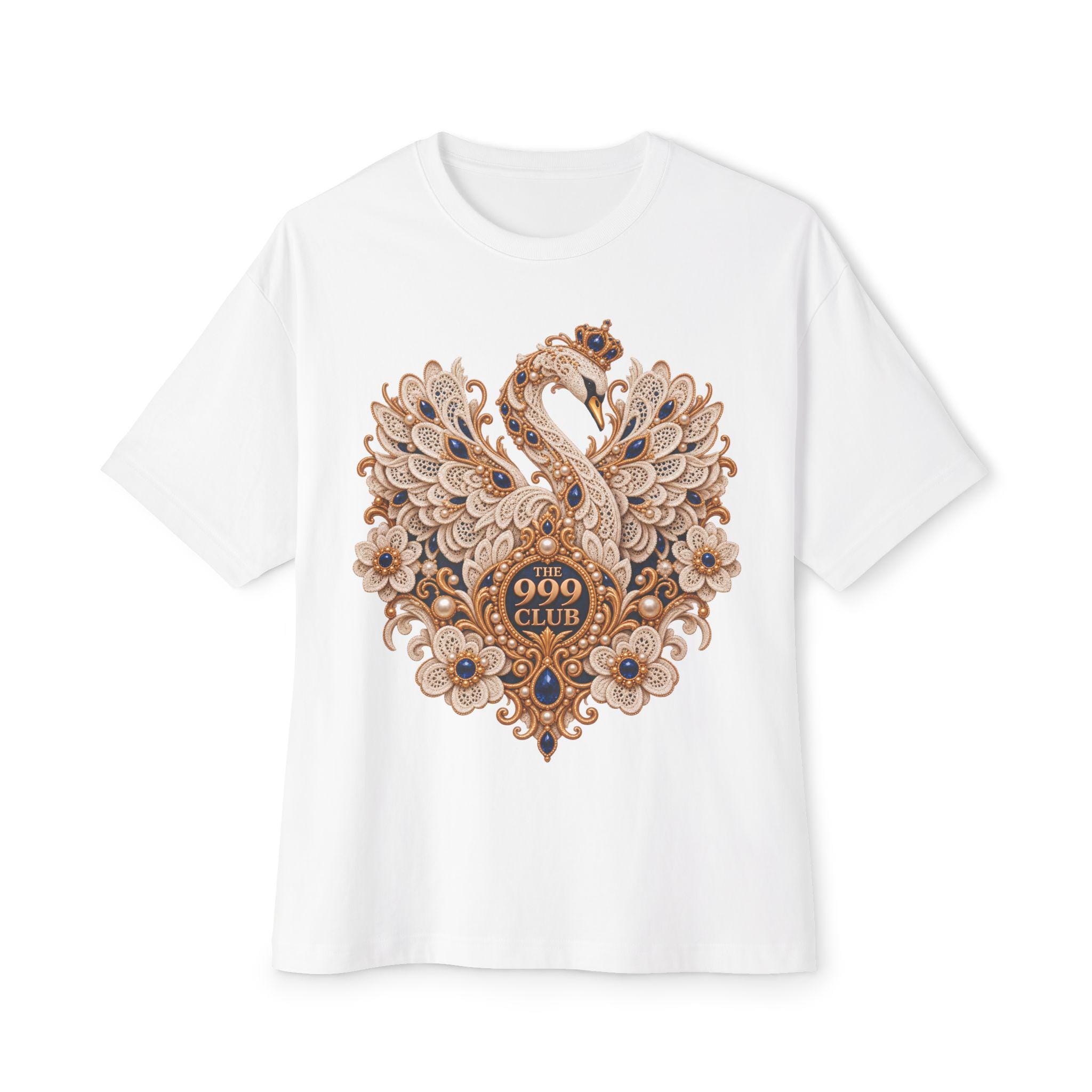 Ornate Swan Heart design T-Shirt | Lace Knitting Decorative Floral Crest Tee — original bohemian art T-shirt design by THE 999 CLUB