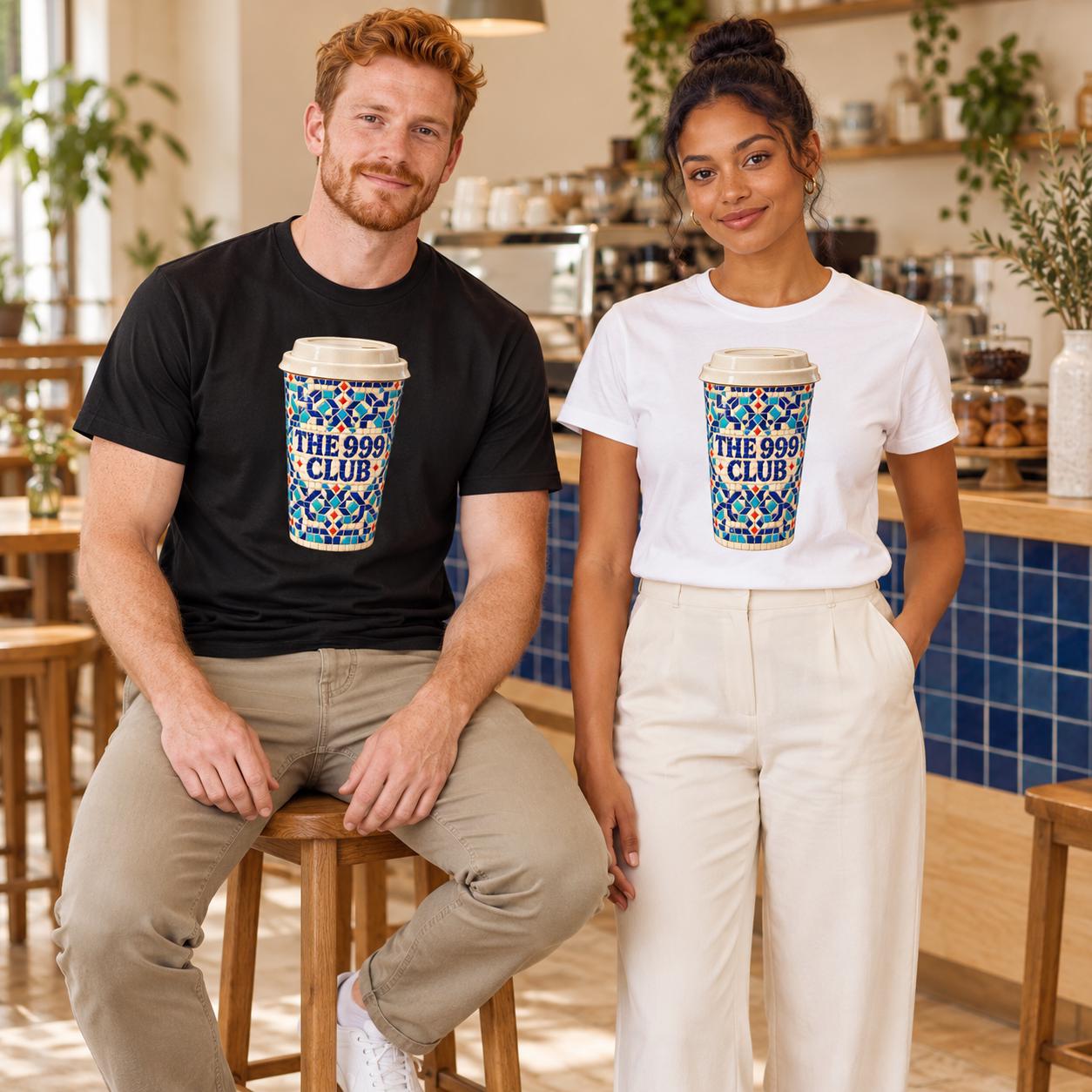 Mosaic Coffee Cup T-Shirt, Colorful Tile Art Tee, Coffee Lover Gift, Wearable Art, Unisex Streetwear, Artistic Coffee Mug Design — THE 999 CLUB wearable art