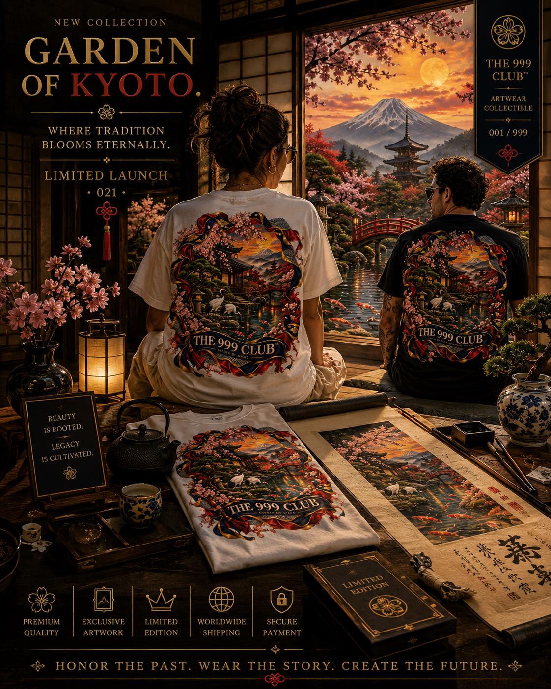 Japanese Garden T-Shirt: Cranes, Koi, Pagoda, Cherry Blossoms Wearable Art