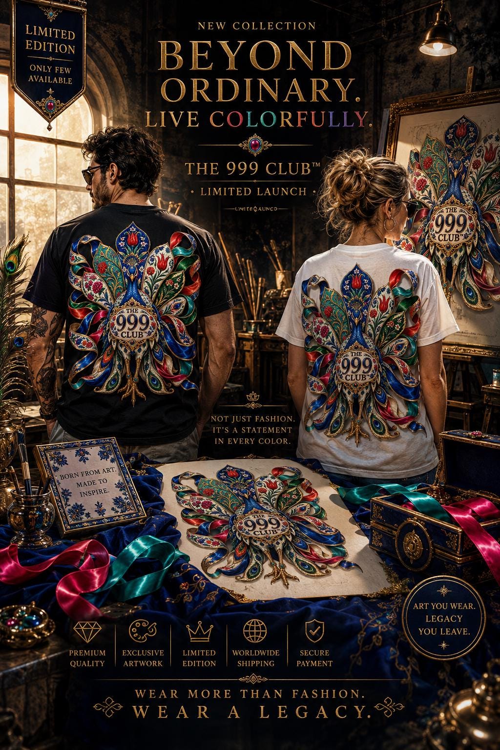 Peacock Ribbon Art T-Shirt: Vibrant Bird Graphic, Street Style Tee