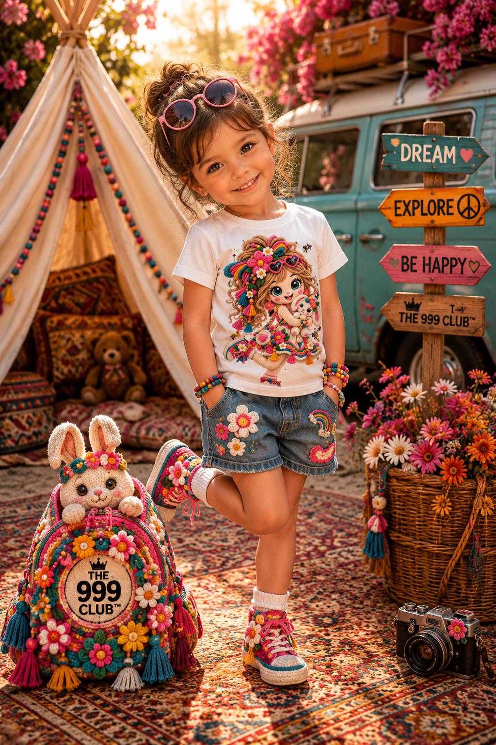 Hand-Drawn Girl with Plush Toddler Tee, Floral Dress, Butterfly Print (100% Cotton)