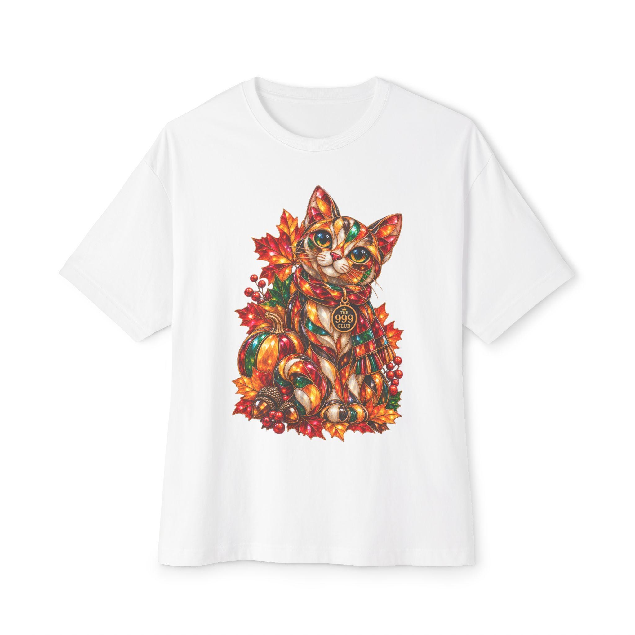 Animals Lover Autumn Patchwork Cat T-Shirt | Fall Leaves Pumpkin Colors — original holiday T-shirt design by THE 999 CLUB