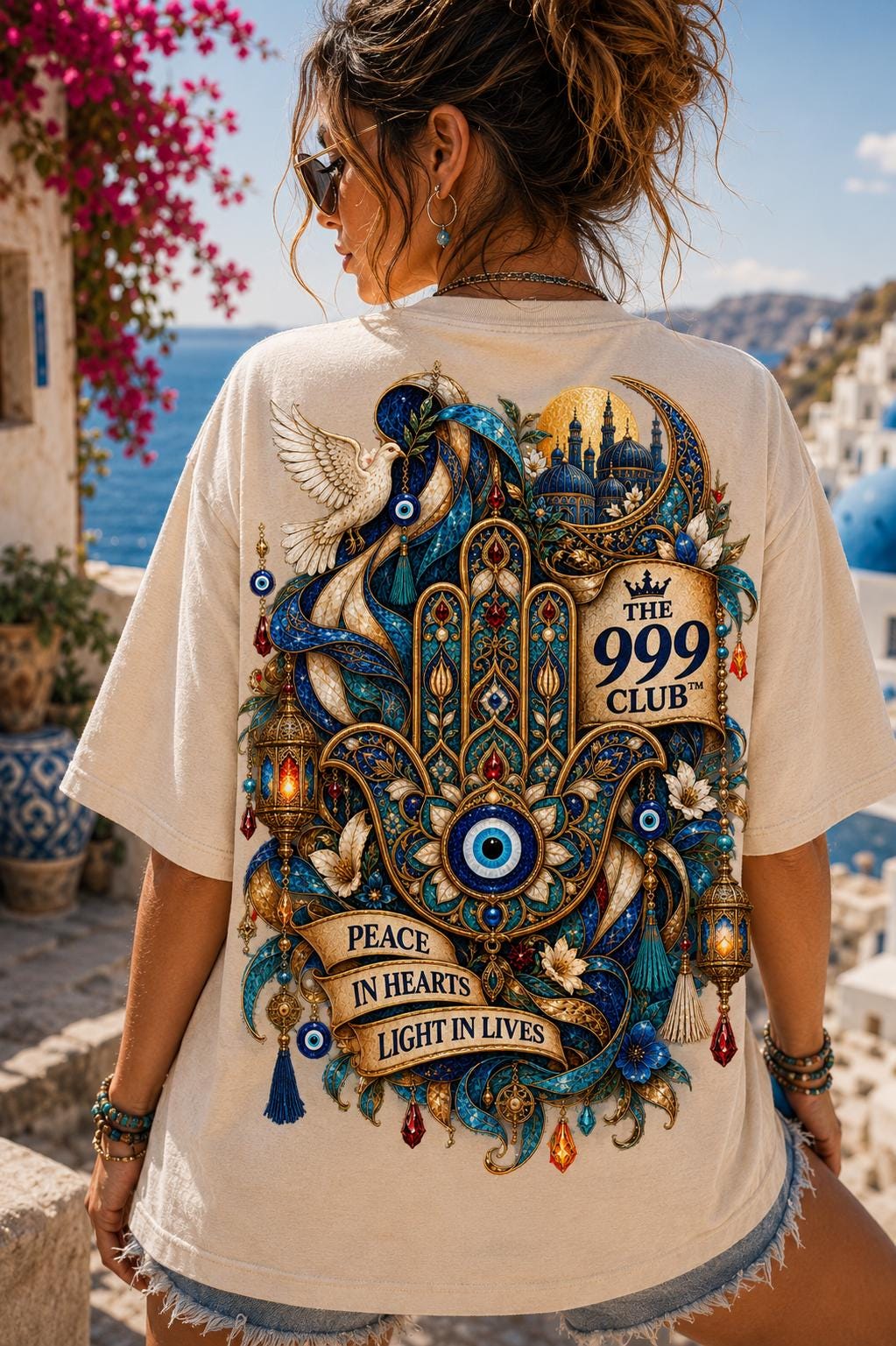 Hand of Fatima Graphic T-Shirt, Floral Evil Eye Design,Street Style Cotton Tee