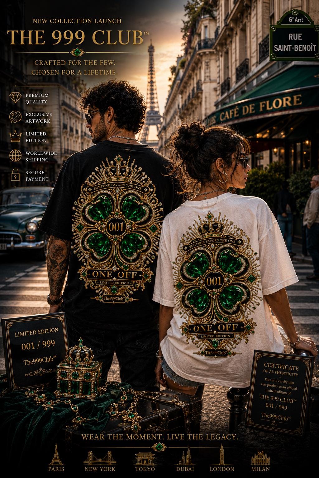 Emerald Clover T-Shirt: Lucky Charm Back Print, Boho Botanical Statement Tee