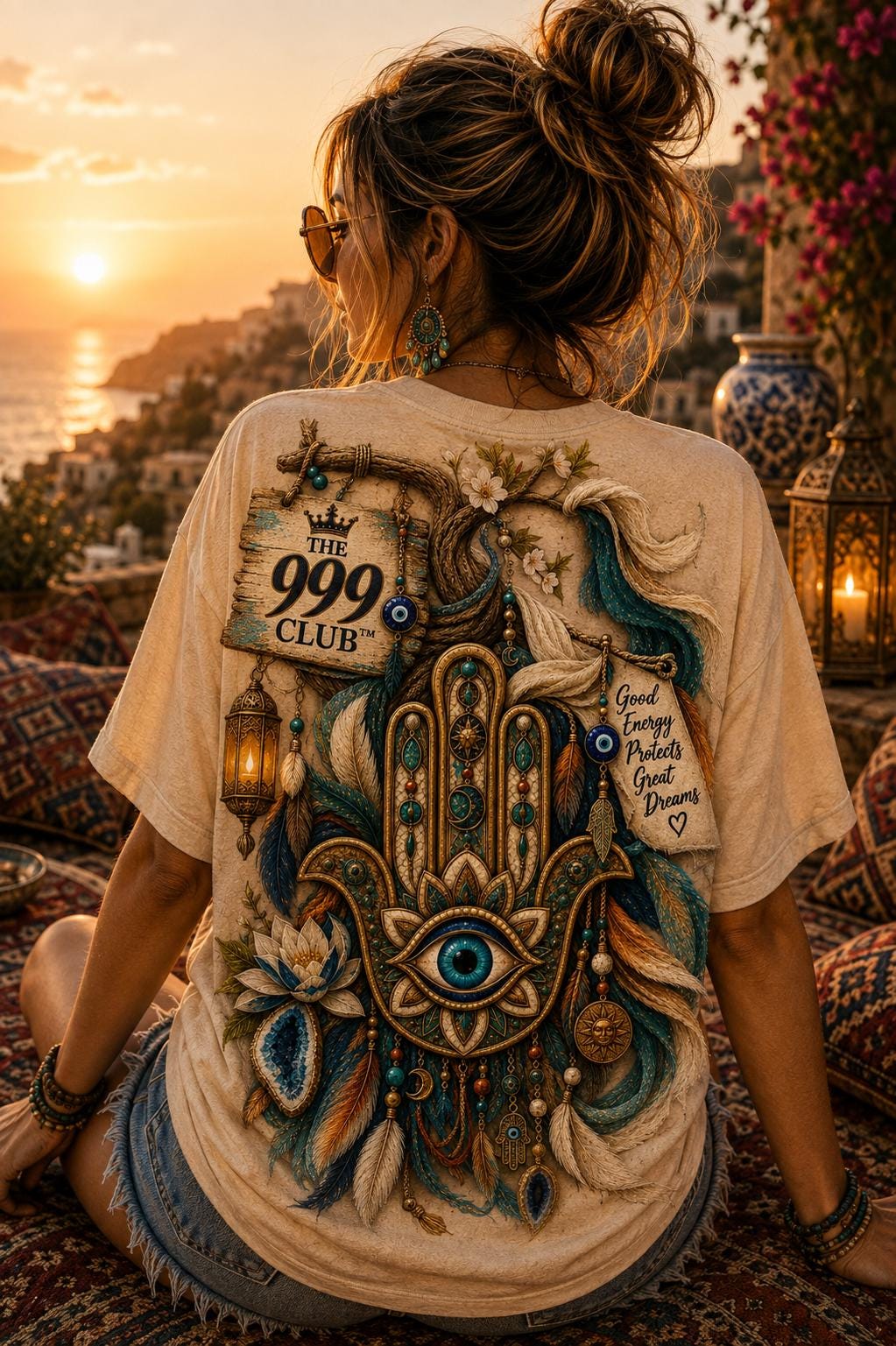Personalized Hamsa Evil Eye T-Shirt, Rug Pattern Back Print, Boho Wearable Art (Unisex)