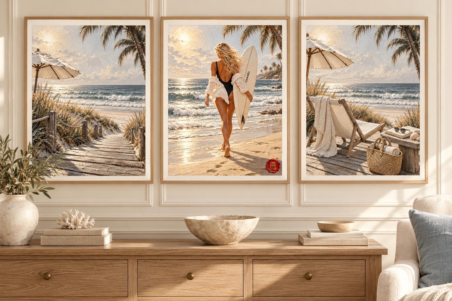 Beach Towel, Sun Lounger, Umbrella, Surfboard and Kayak Poster, Sunny Seaside Sand and Ocean Wall Art, Coastal Summer Home Decor Art Print — THE 999 CLUB digital wall art