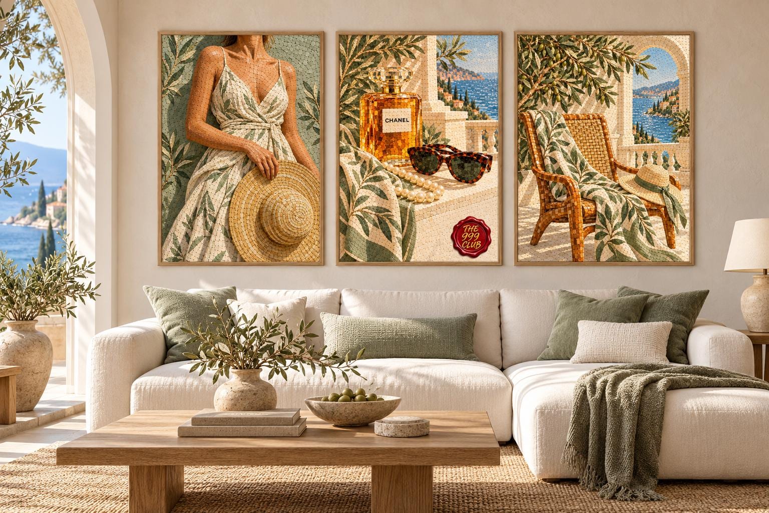 Italian Coastal Mosaic Poster, Olive Tree, Sun Hat, Sunglasses and No 5 Perfume, Mediterranean Seaside Wall Art, Elegant Home Decor Wall Art — THE 999 CLUB digital wall art