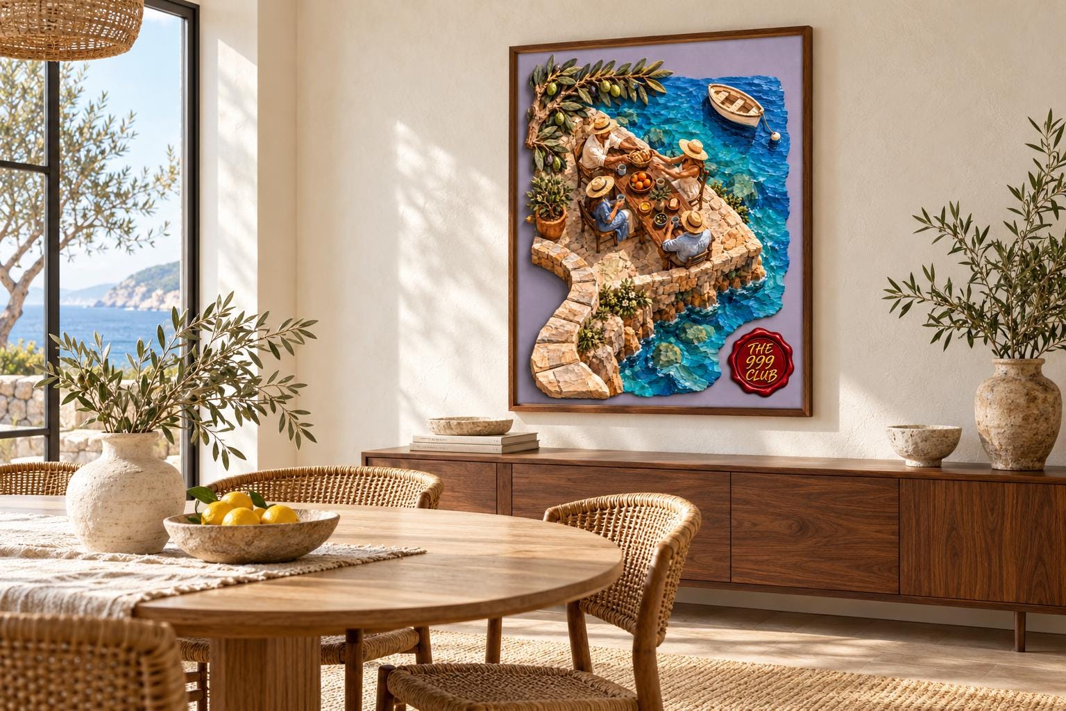 Coastal Breakfast Wall Art Poster, Olives and Friends by the Sea, Sunny Beach Pier and Boat, Mediterranean Kitchen Decor, Seaside Summer Art — THE 999 CLUB digital wall art