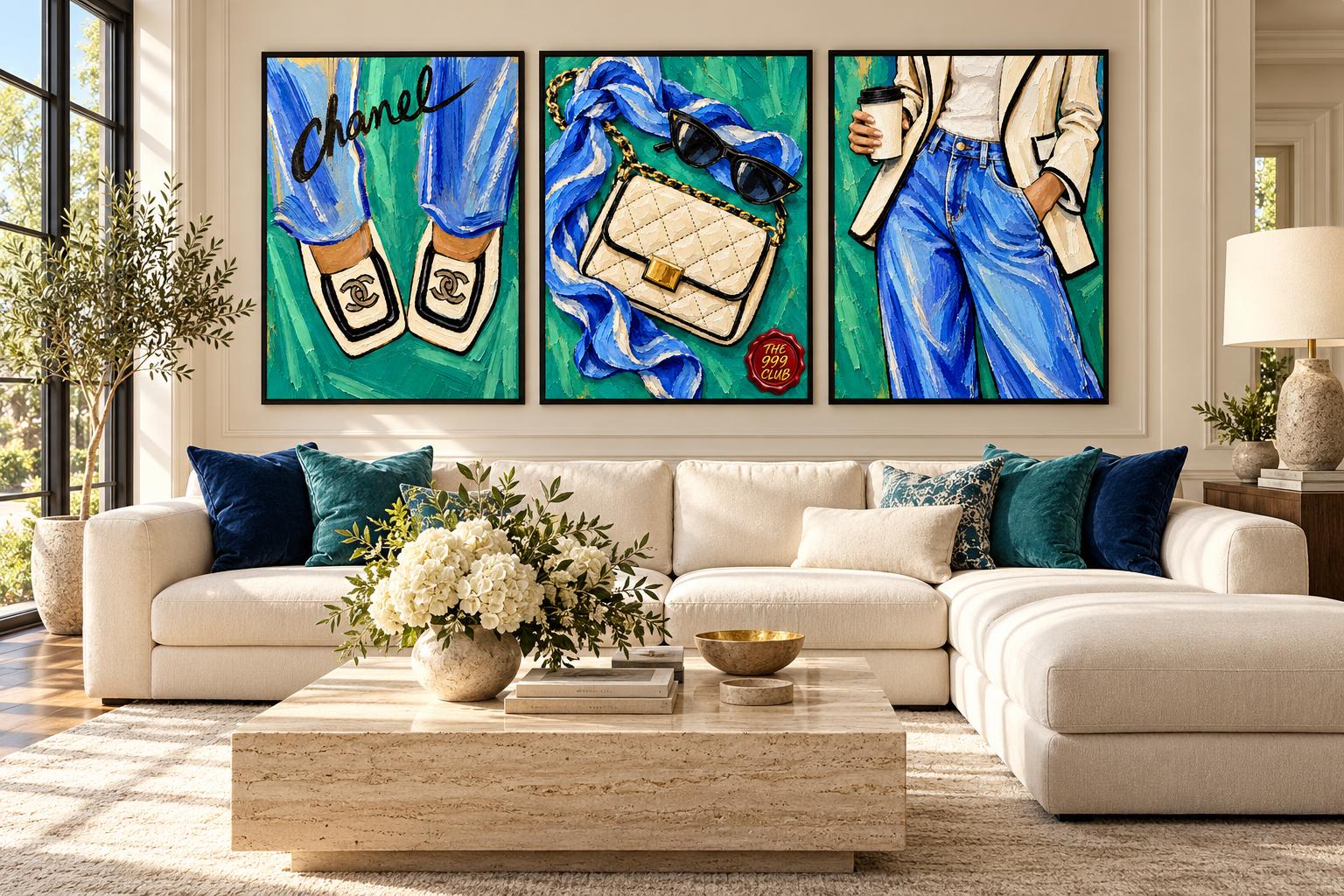 Chanel Inspired Woman with Handbag, Coffee, Sunglasses and Silk Scarf Poster, Luxury Fashion Oil Painting Wall Art, Chic Boutique Decor Art — THE 999 CLUB digital wall art