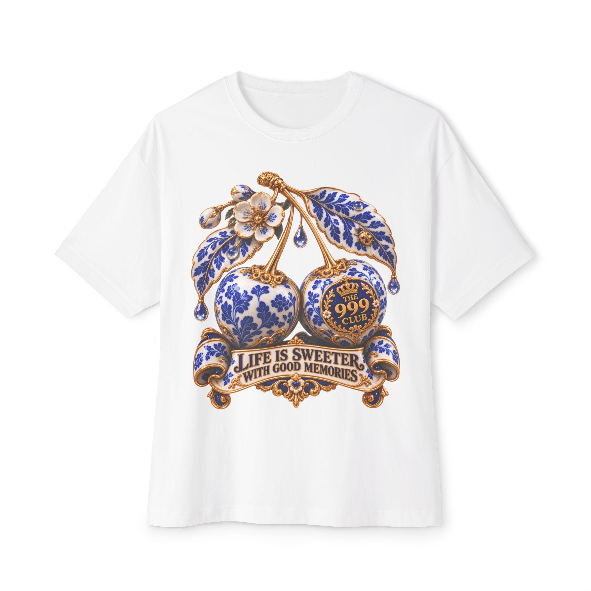Blue Floral Cherry Illustration tee | Life Is Sweeter graphic t-shirt